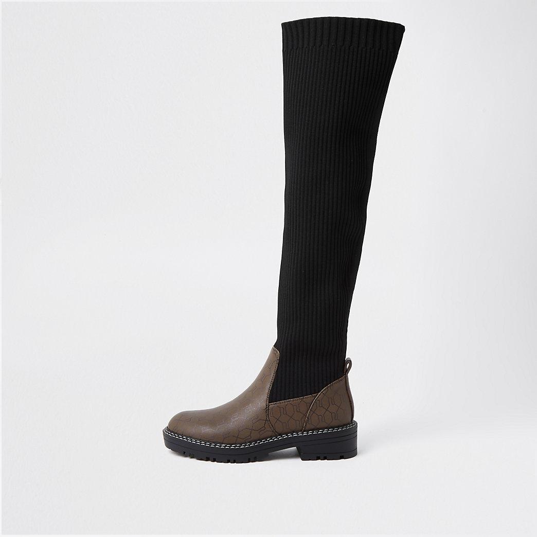 River Island Wide Fit Ri Monogram Knitted Boots in Brown - Lyst