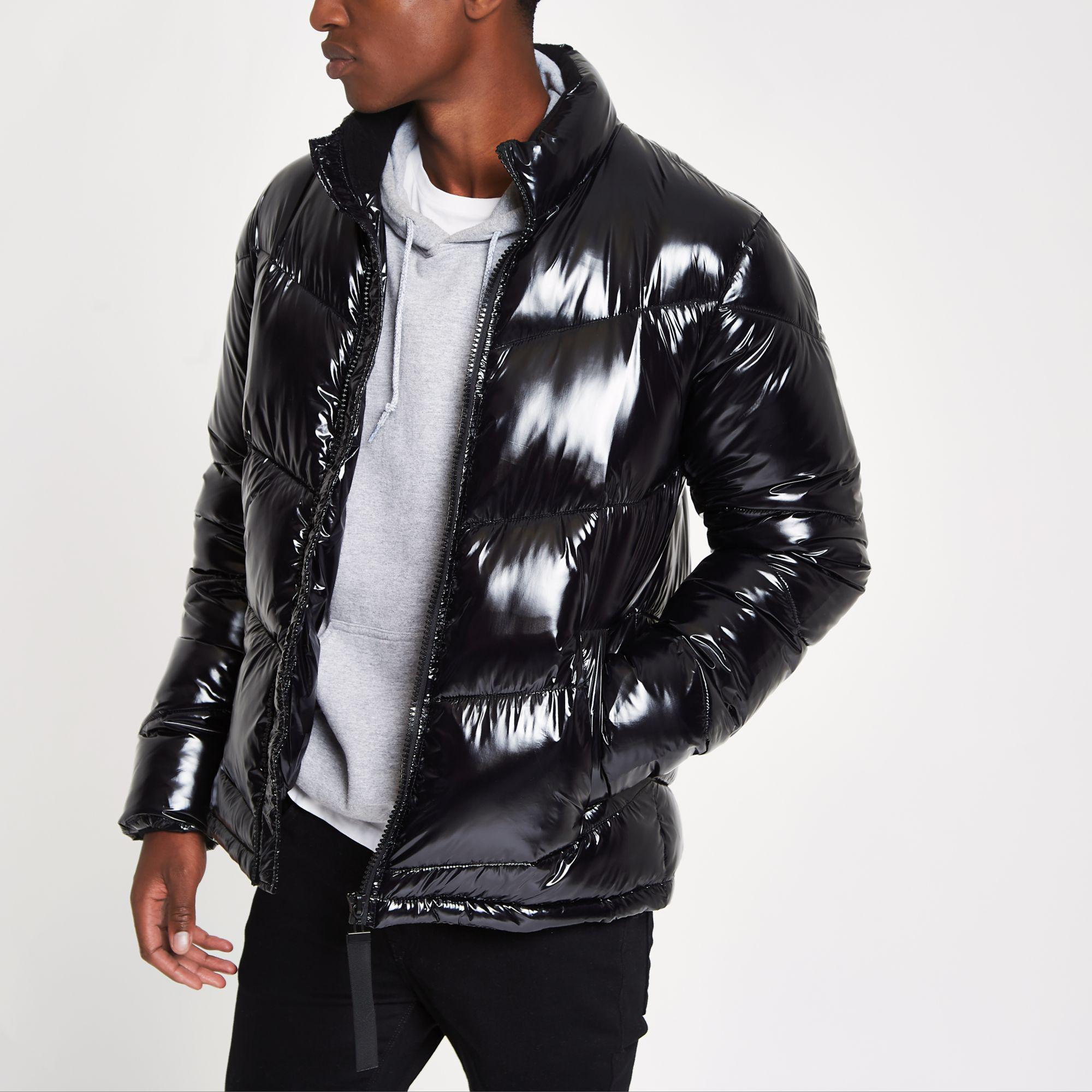 River Island Synthetic Funnel Neck Shiny Puffer Coat in Black for Men ...