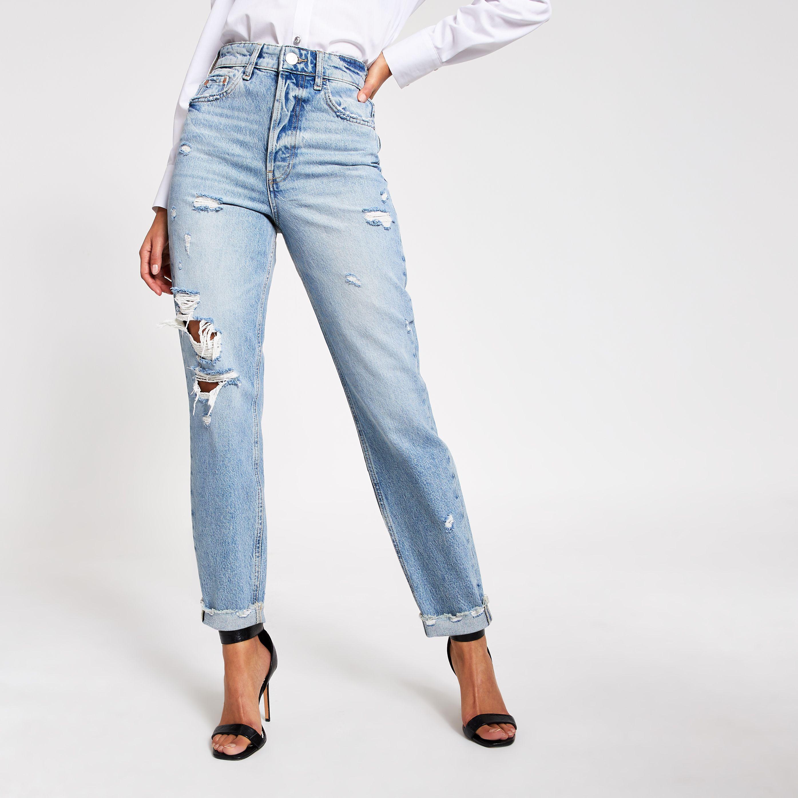 River Island Blue Ripped Carrie High Rise Mom Jeans | Lyst Canada