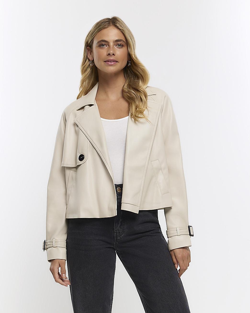 River Island Faux Leather Crop Trench Coat in Natural Lyst