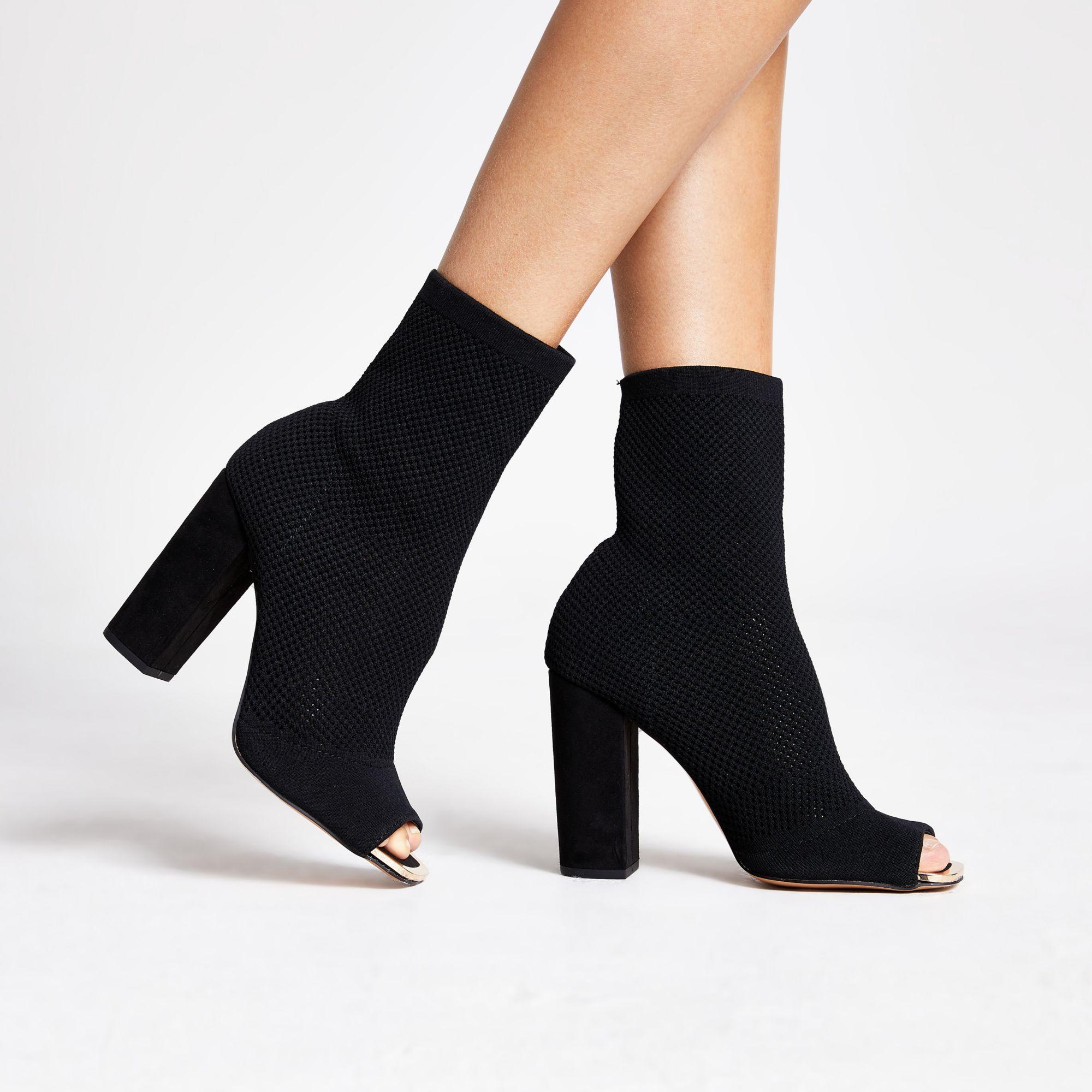 River Island Rubber Black Knitted Peep Toe Wide Fit Sock Boot - Lyst