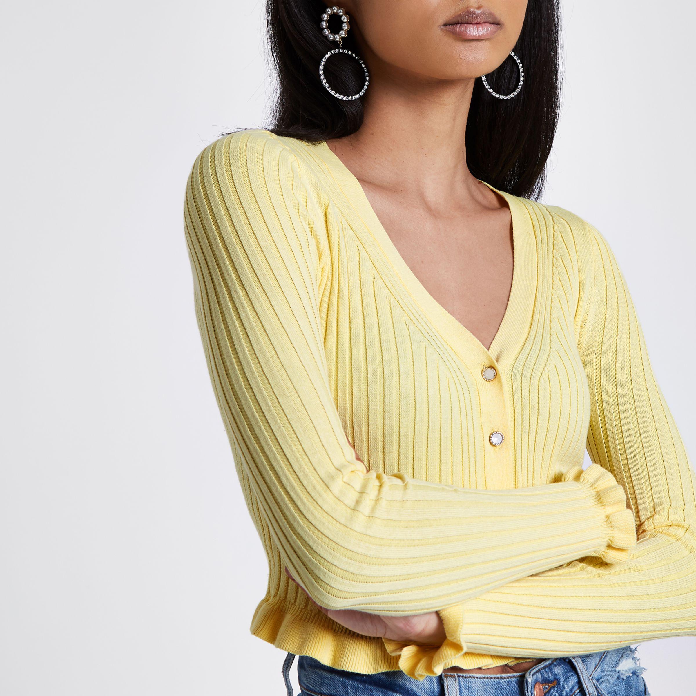 River Island Light Yellow Ribbed Frill Cropped Cardigan | Lyst
