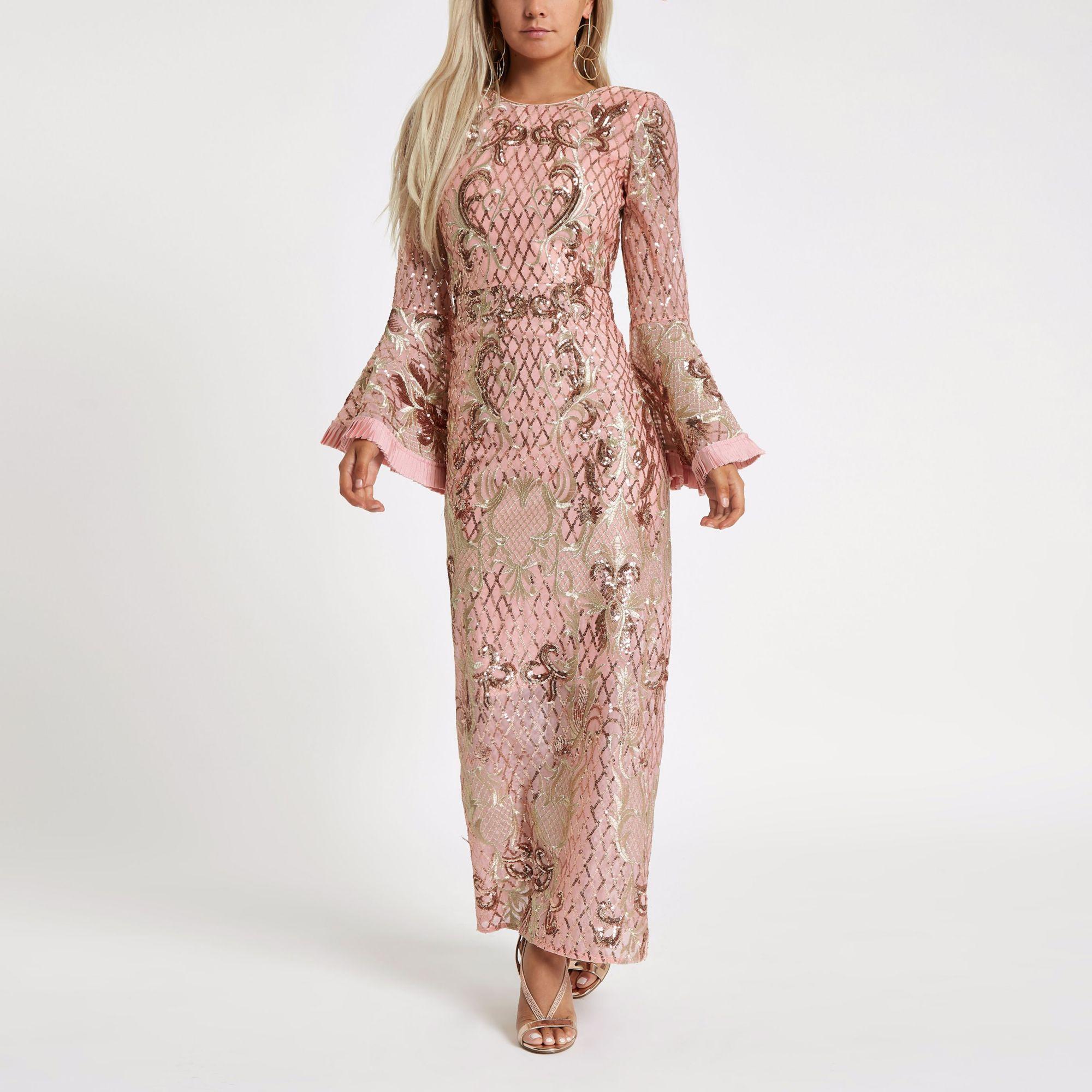 River Island Synthetic Petite Pink Sequin Embellished Maxi Dress - Lyst