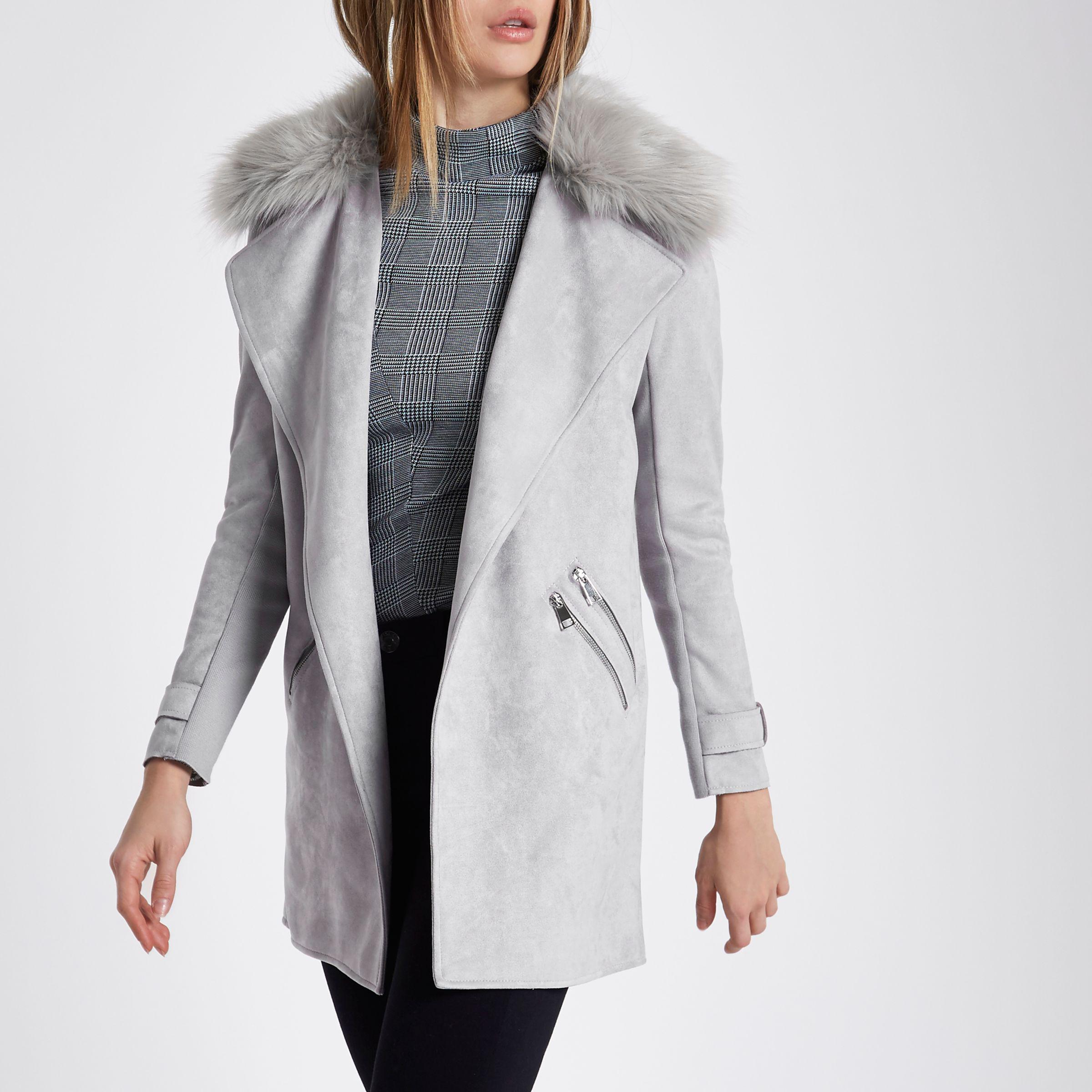 river island grey coat fur collar