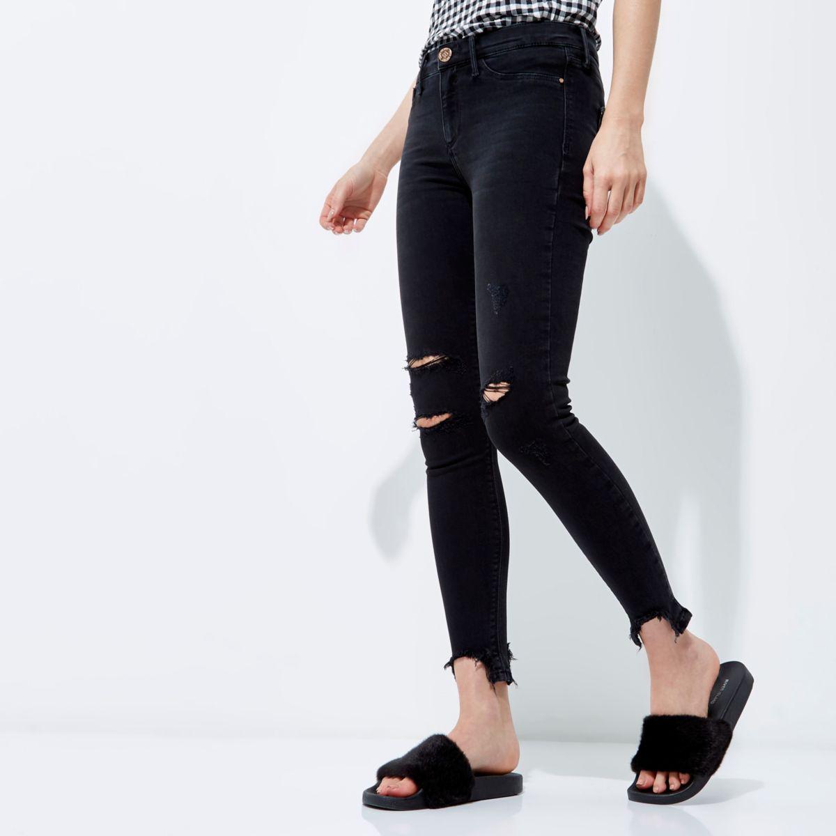 black chewed hem jeans