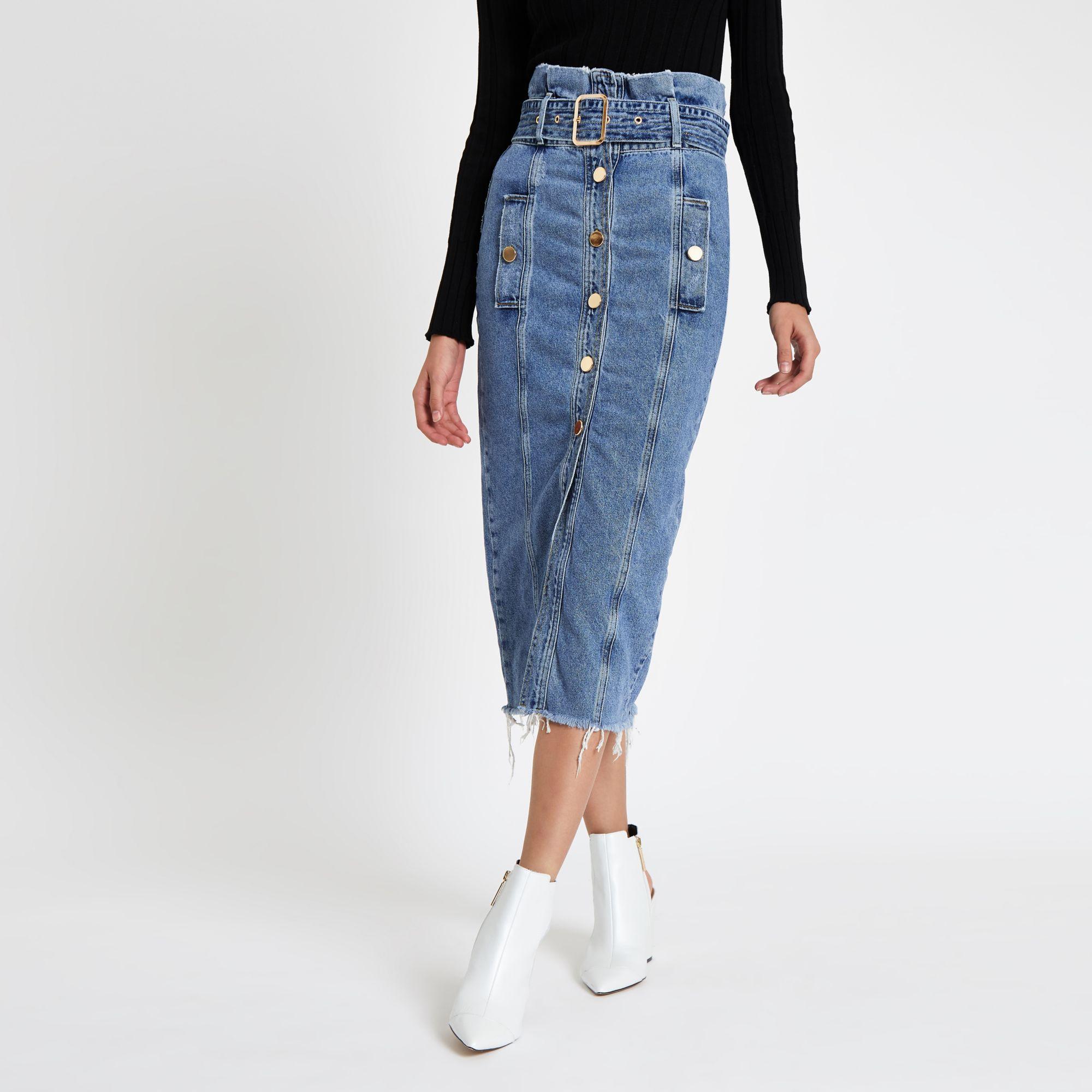 River Island Mid Paperbag Denim Midi Skirt in Blue - Lyst