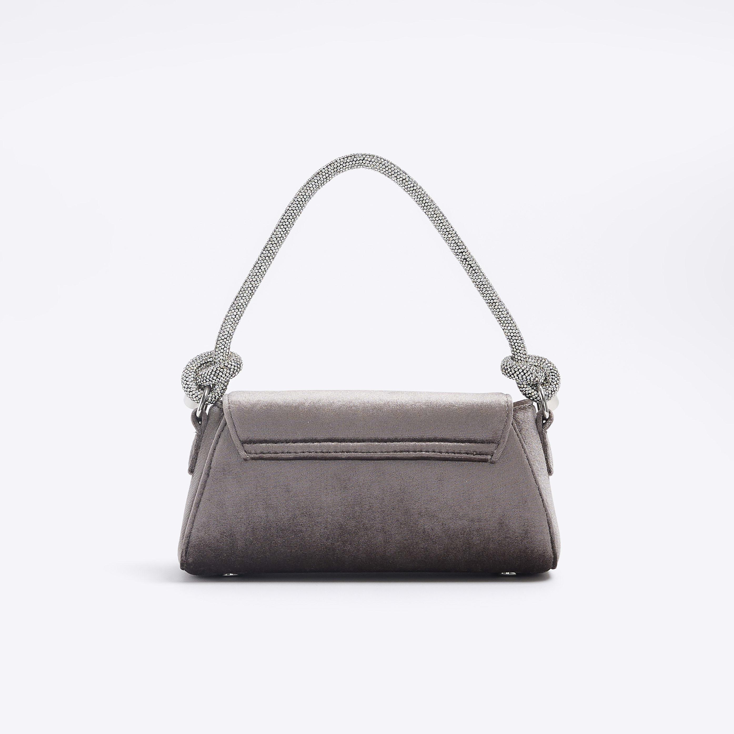 Grey Velvet Embellished Clutch Bag