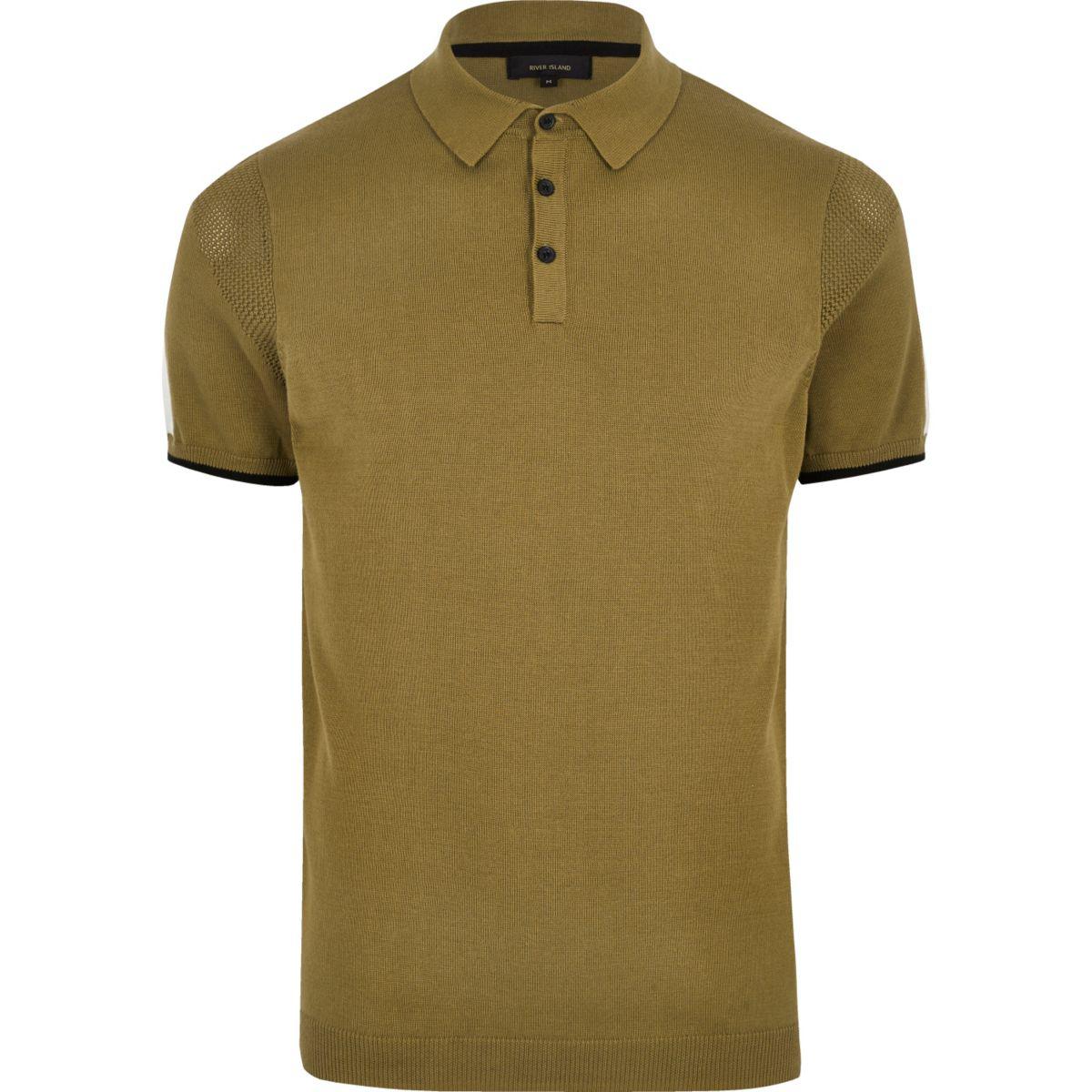 River Island Olive  Green  Mesh Panel Polo  Shirt for Men Lyst