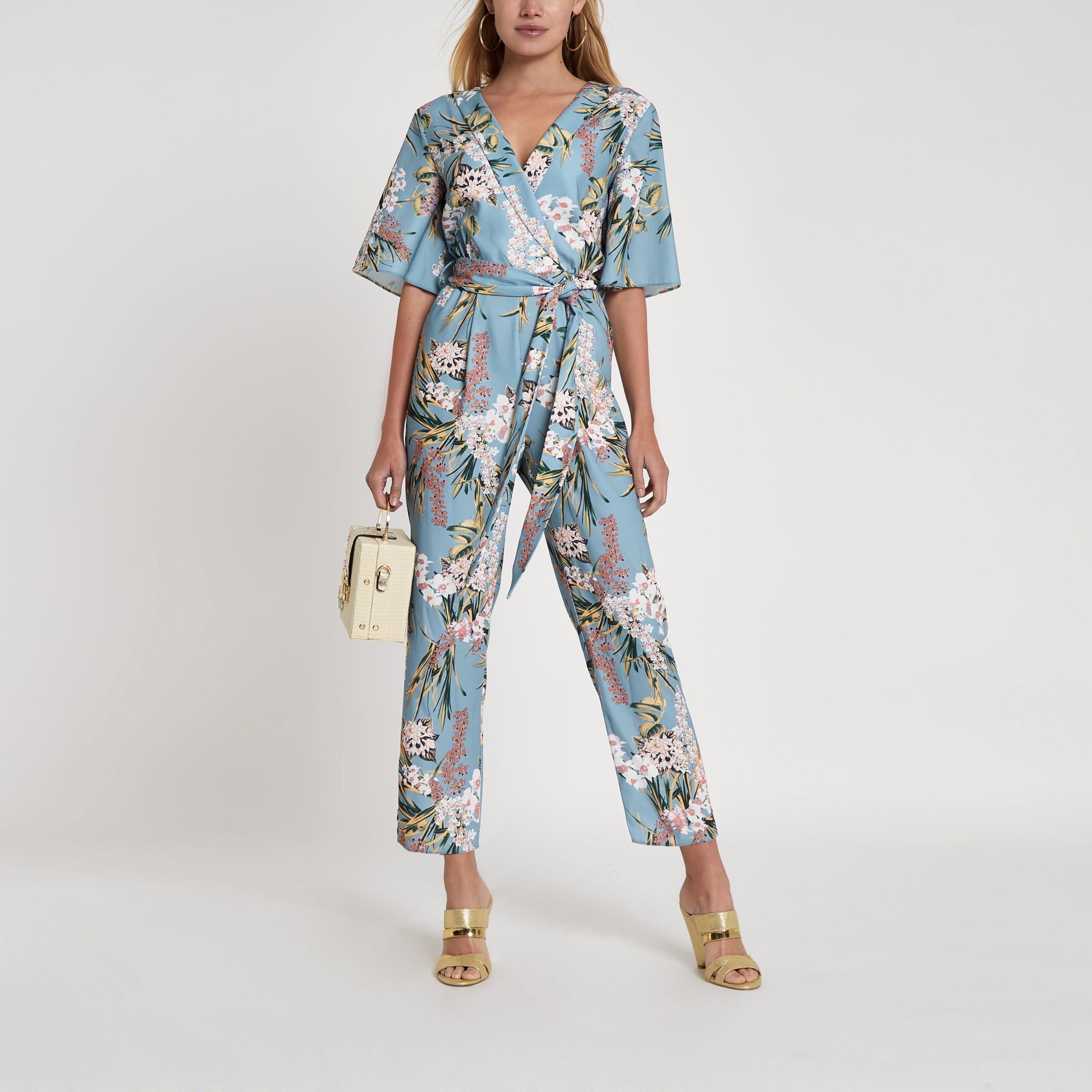 River Island Synthetic Light Blue Floral Wrap Tie Waist Jumpsuit - Lyst