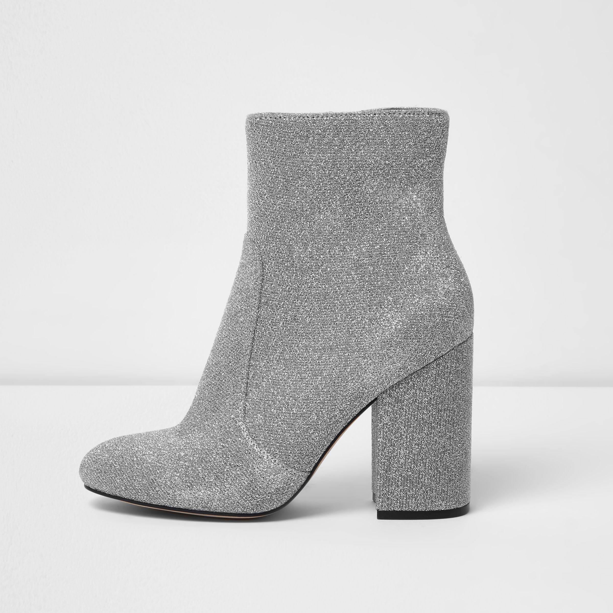 River Island Silver Glitter Block Heel Sock Boots in Gray | Lyst