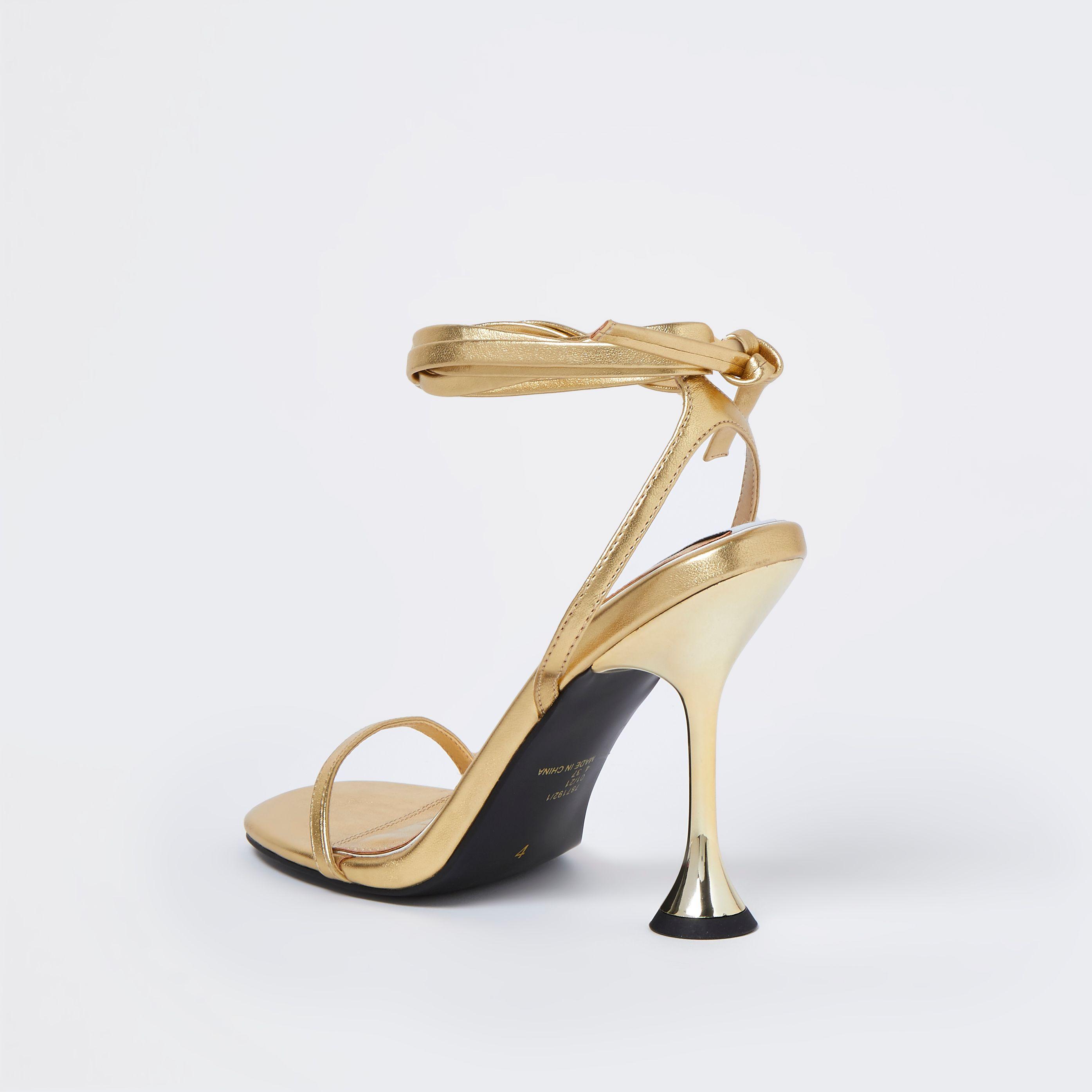 Gold Strappy Flared Heel Sandals 