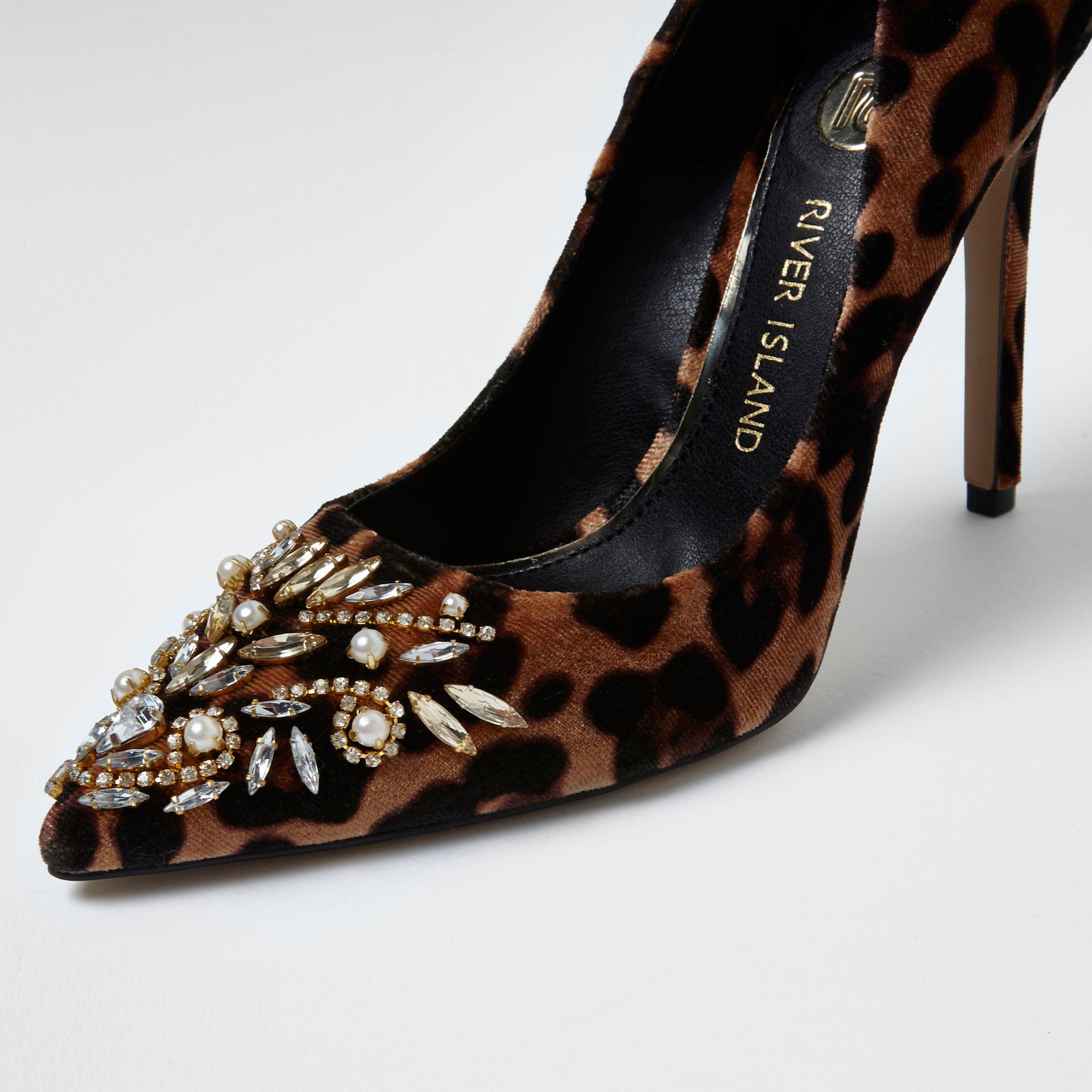 River Island Brown Leopard Print Embellished Court Shoes - Lyst