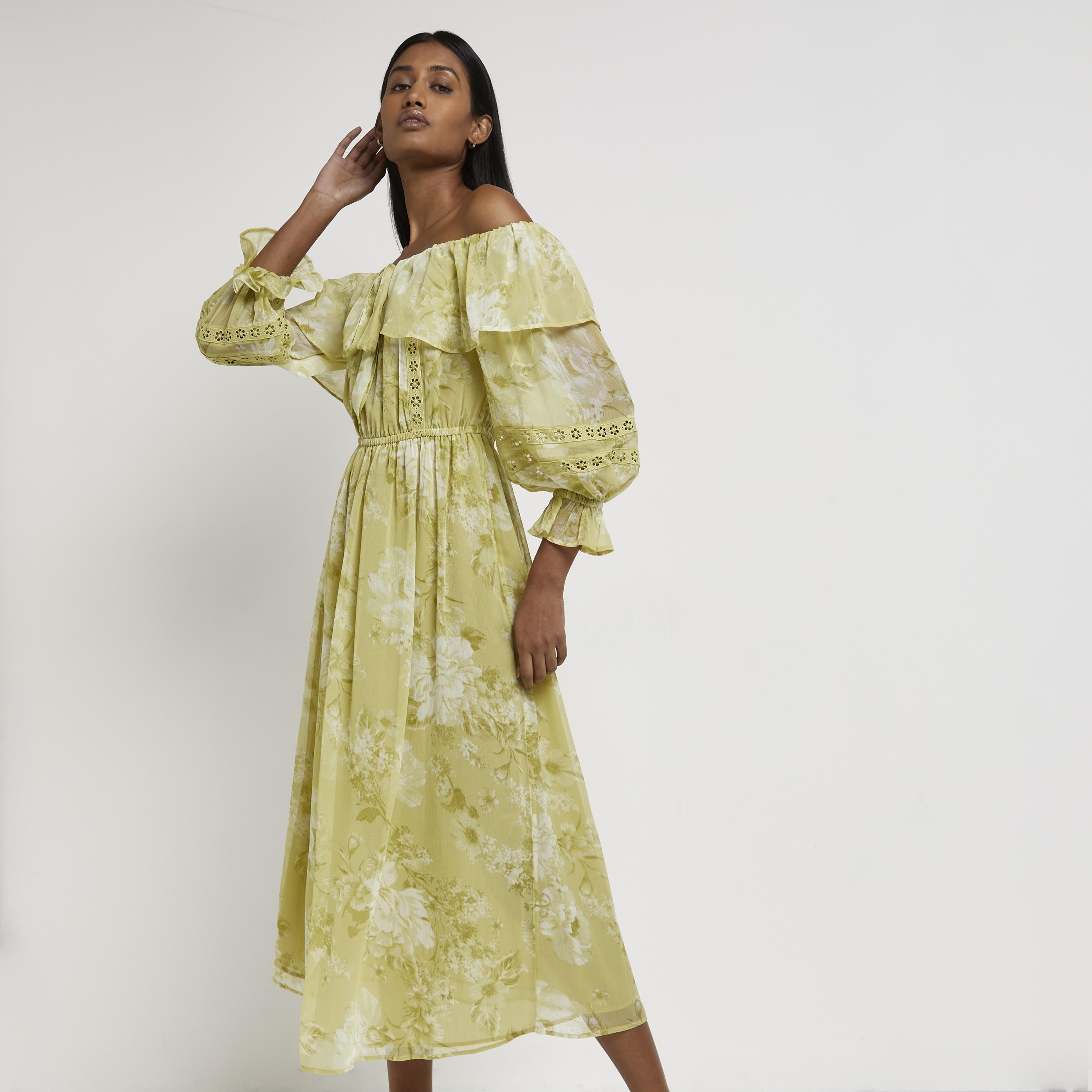 Green floral bardot dress hotsell