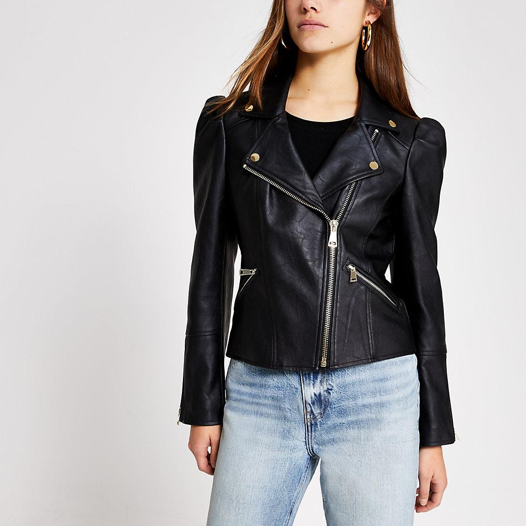 River Island Petite Black Faux Leather Puff Sleeve Jacket - Lyst