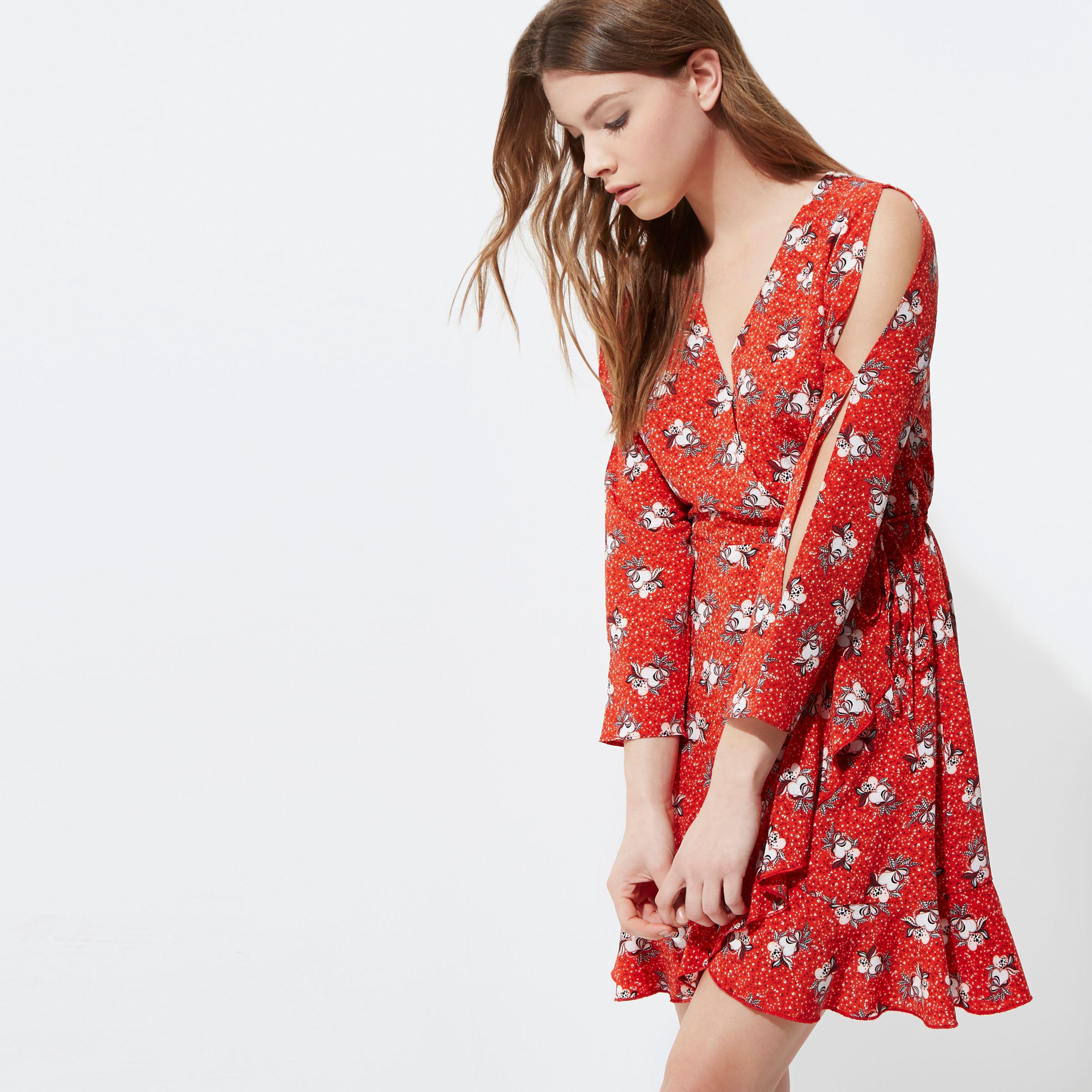 Synthetic Floral Print Frill Wrap Dress 