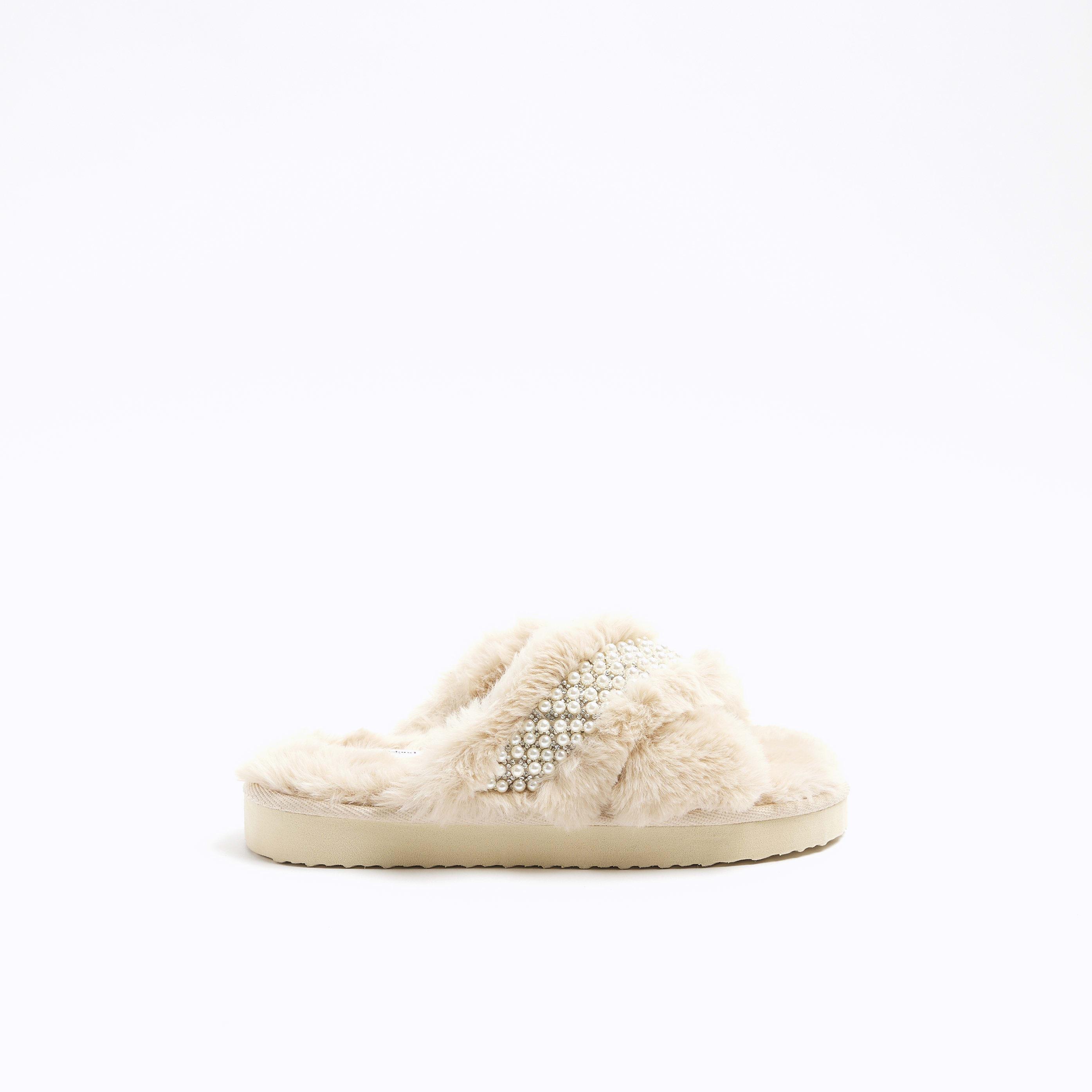 River Island Cream Faux Fur Pearl Trim Slippers in White Lyst UK