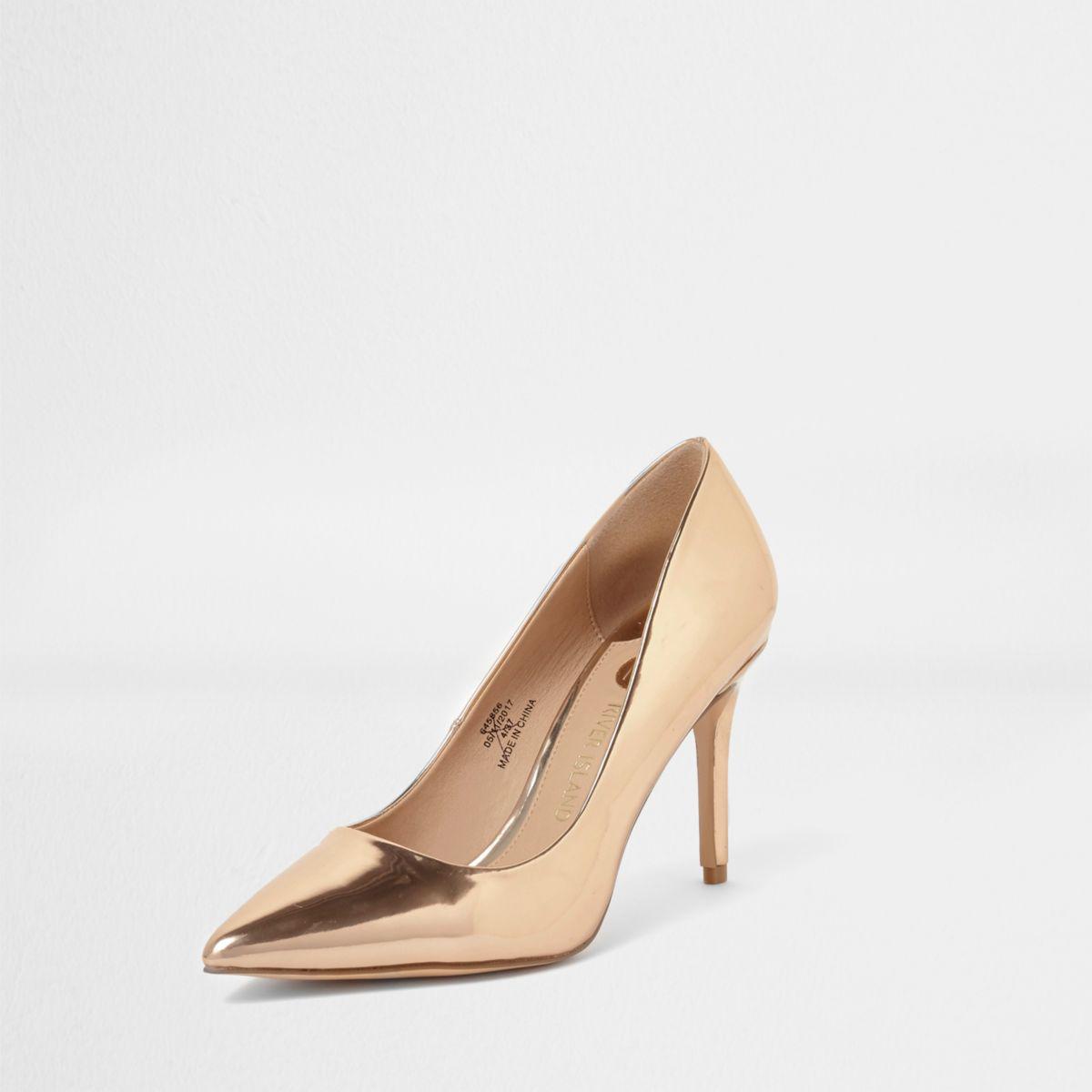 River Island Rose Gold Metallic Mid Heel Court Shoes Rose Gold