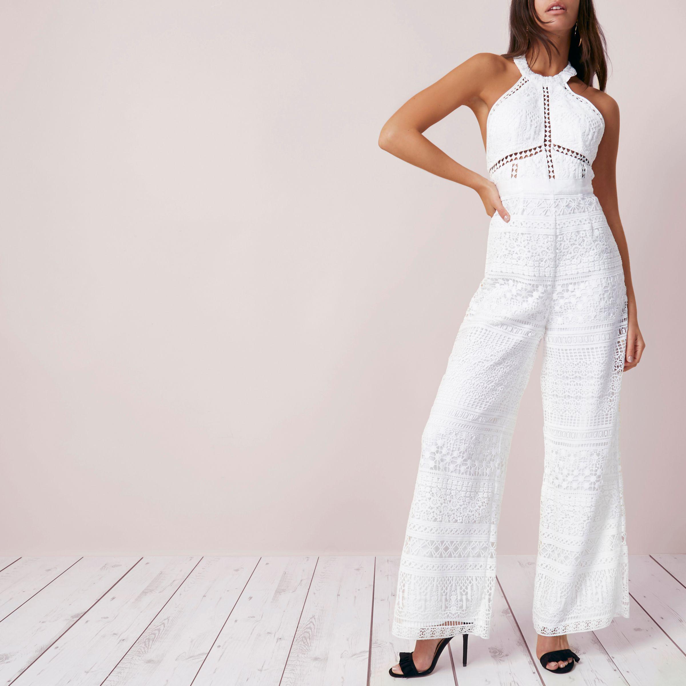 River Island Cream Lace Halter Neck Wide Leg Jumpsuit in Natural | Lyst