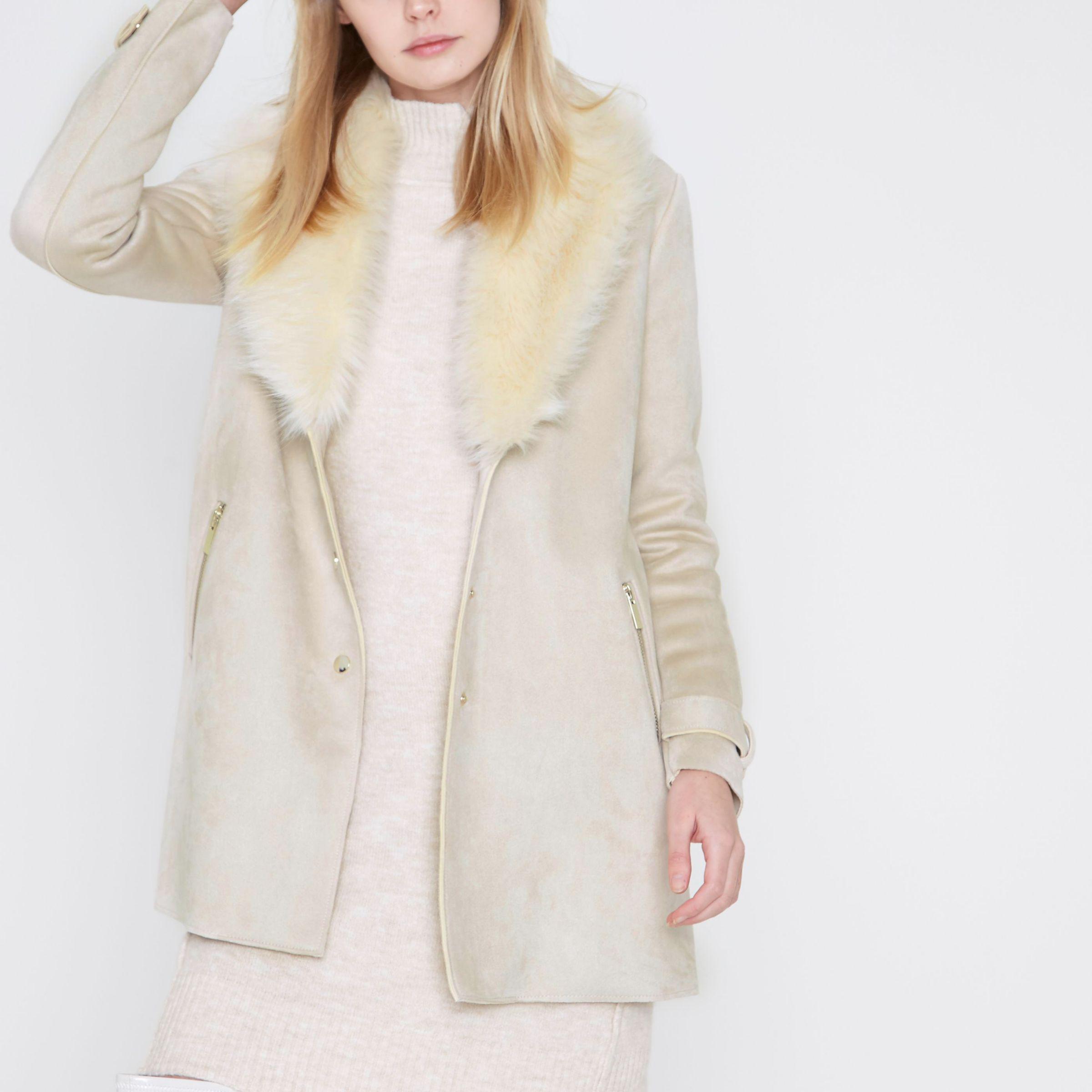 River Island Synthetic Cream Faux Fur Collar Swing Coat in ...