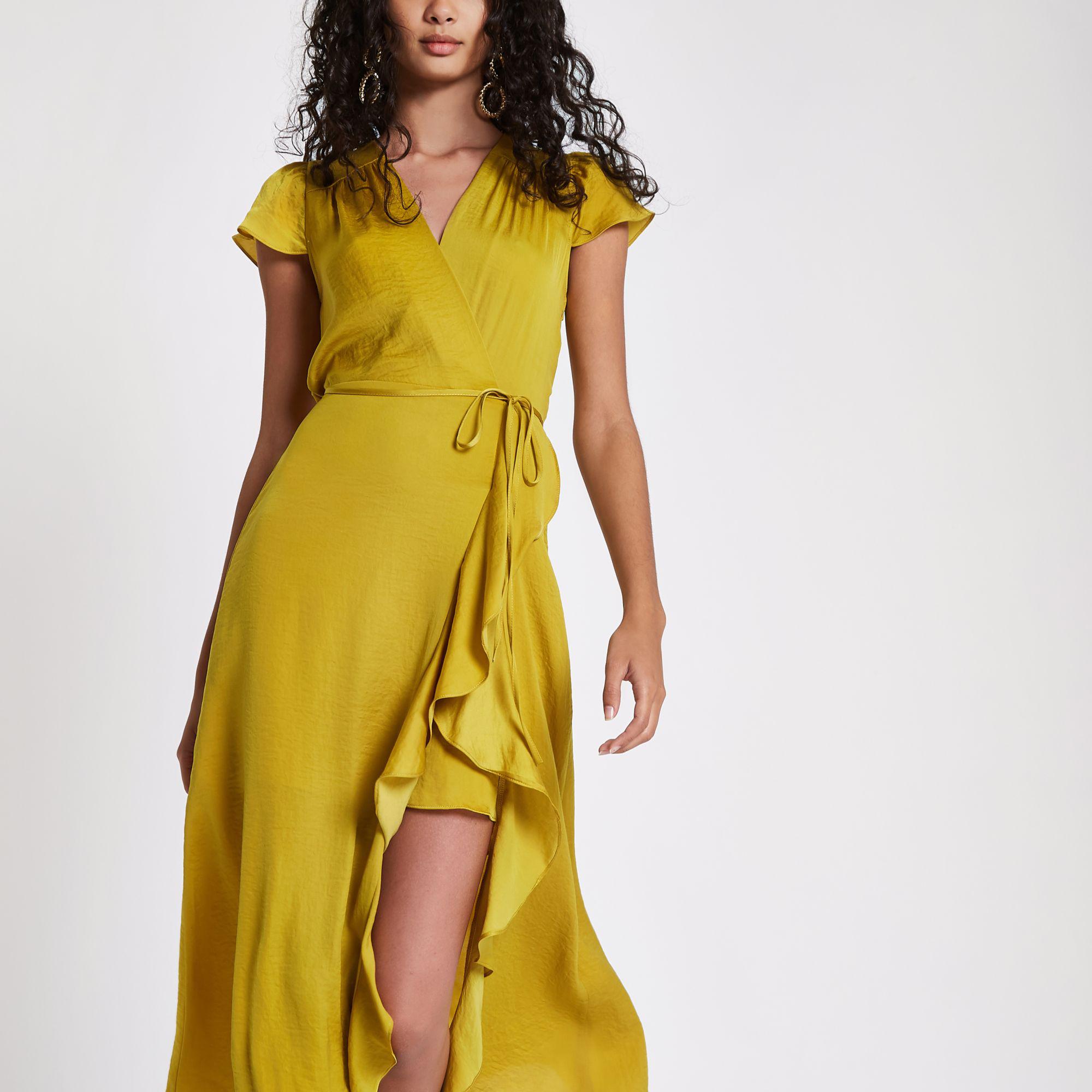 Yellow Frill Wrap Front Midi Dress | Lyst