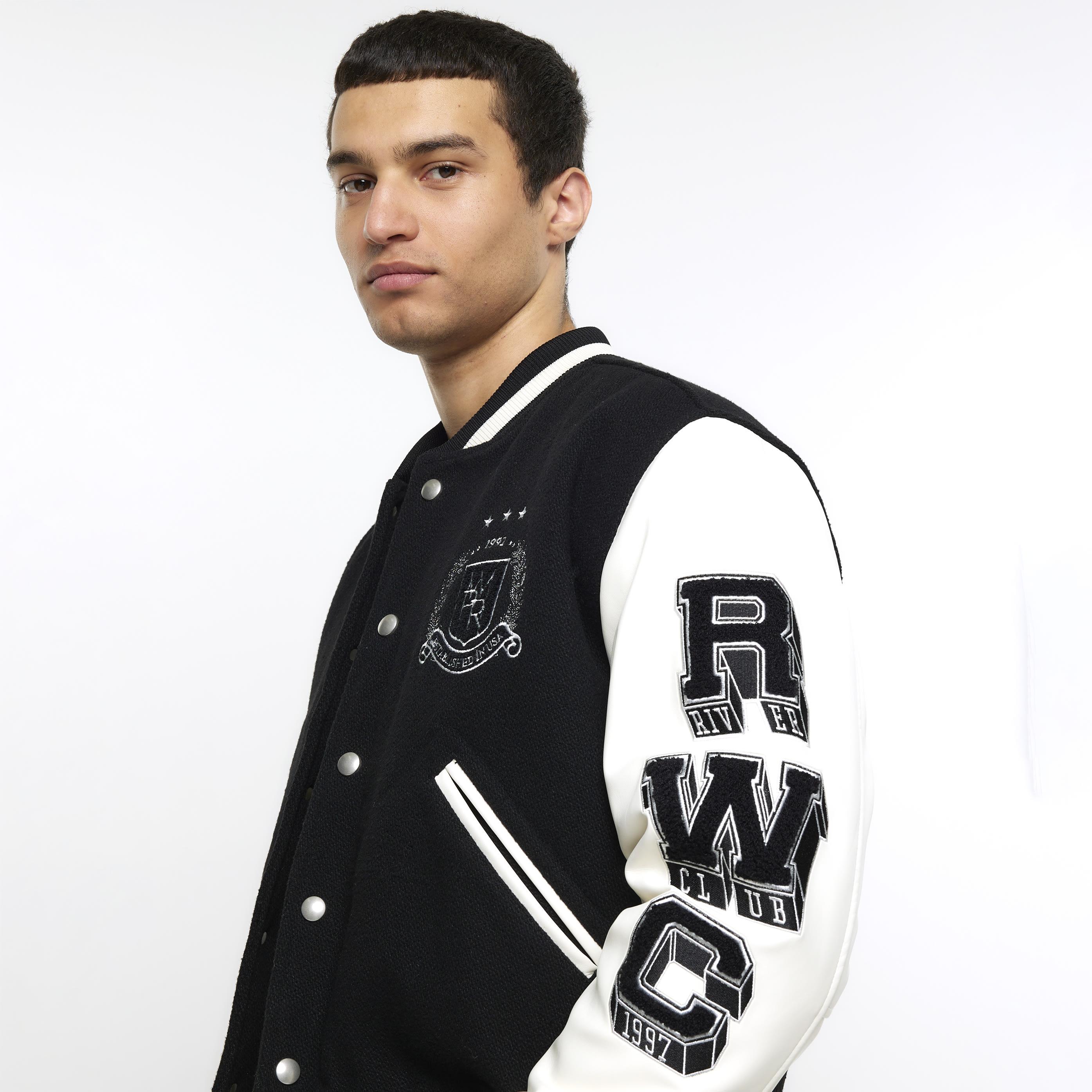 River Island Varsity Bomber Jacket in Black for Men Lyst UK