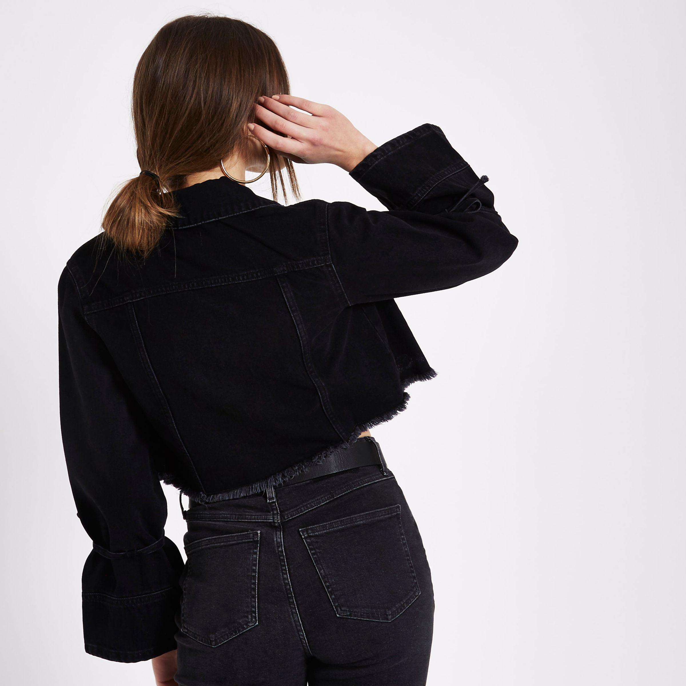 River Island Black Distressed Cropped Denim Jacket Lyst