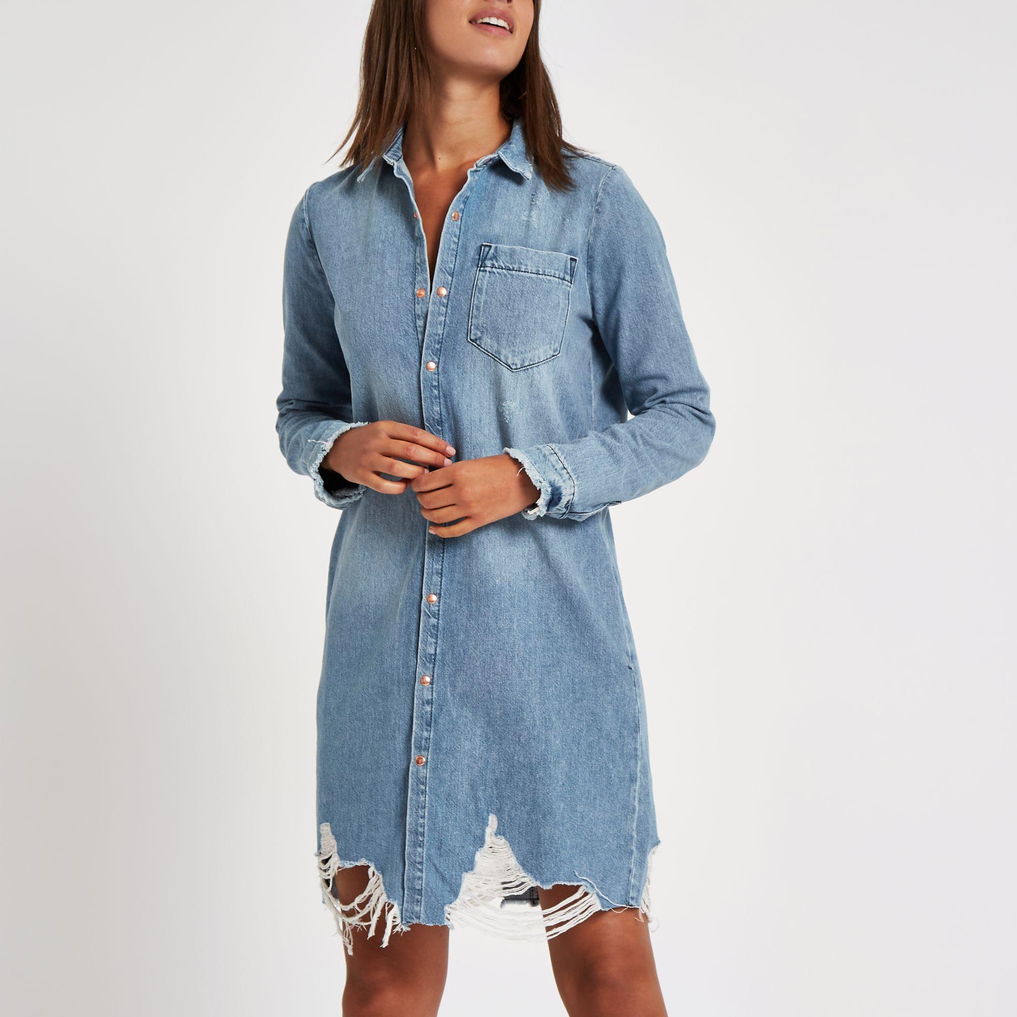 River Island Ripped Denim Shirt Dress 