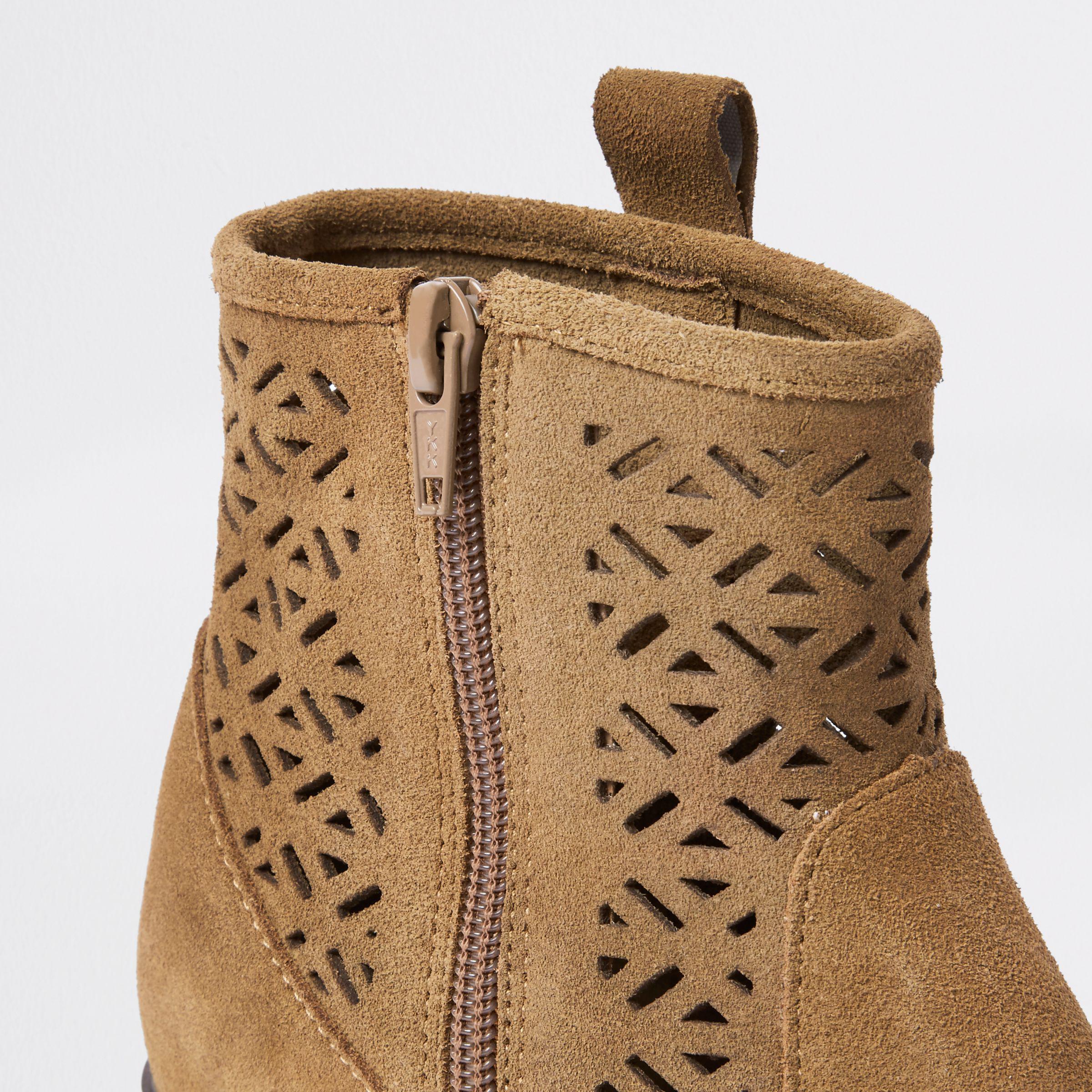 River Island Tan Laser Cut Suede Western Ankle Boots In Beige (Natural ...