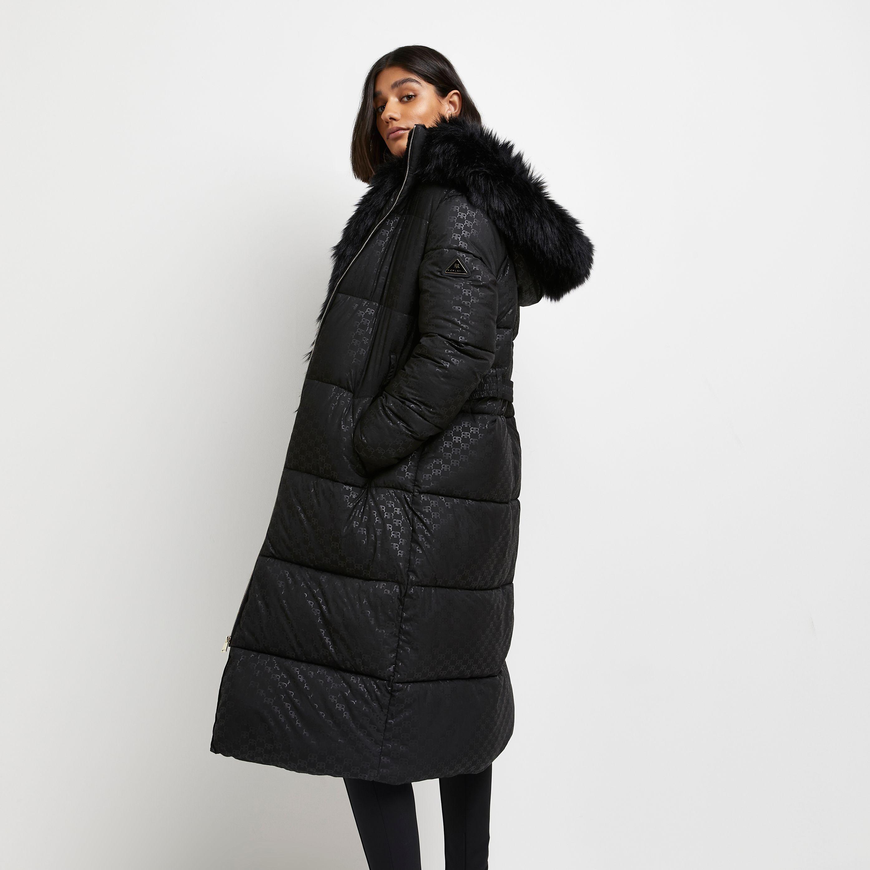 River Island Black Ri Monogram Jacquard Puffer Coat | Lyst Australia