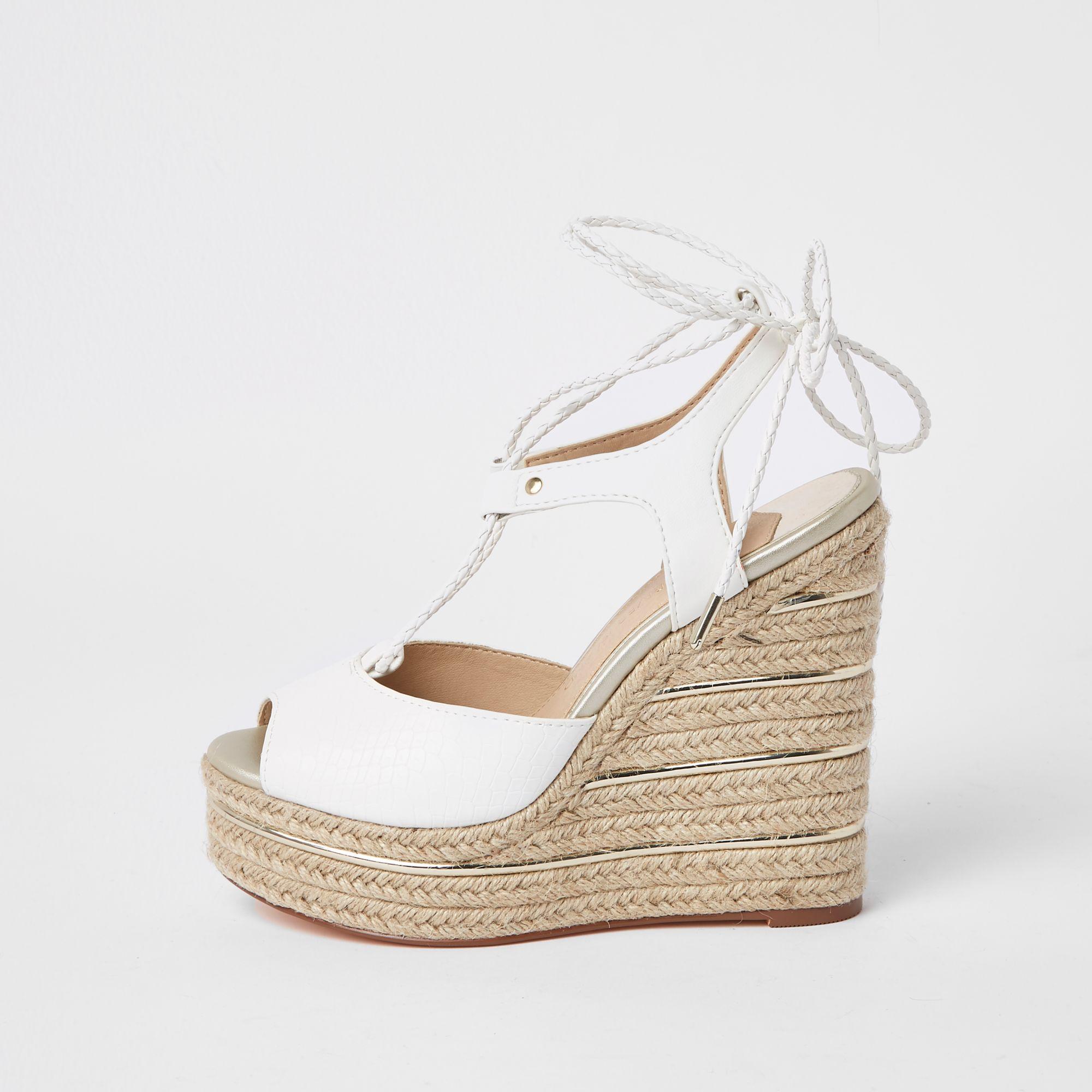 River Island Tie Up Espadrille Wedges in White - Lyst
