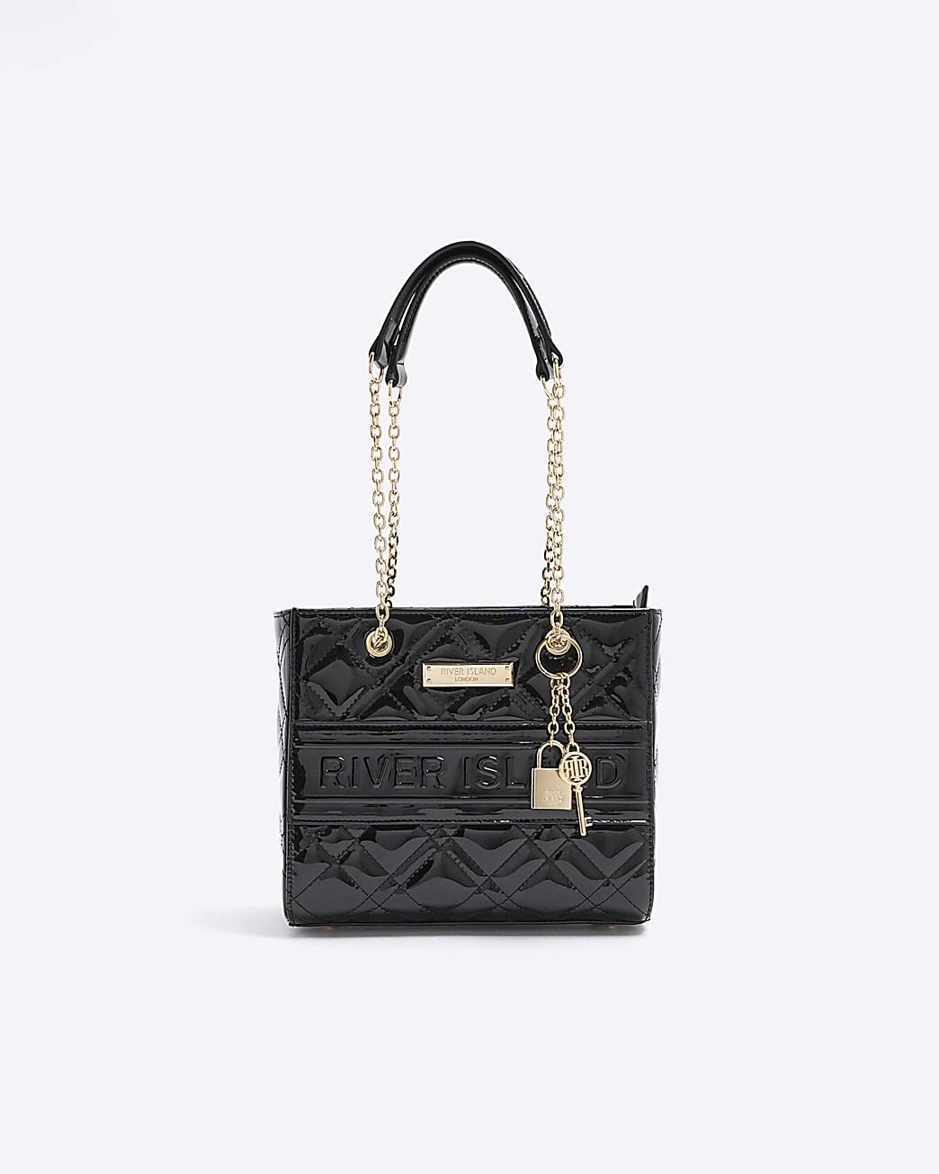 River Island patent embossed chain tote bag in black