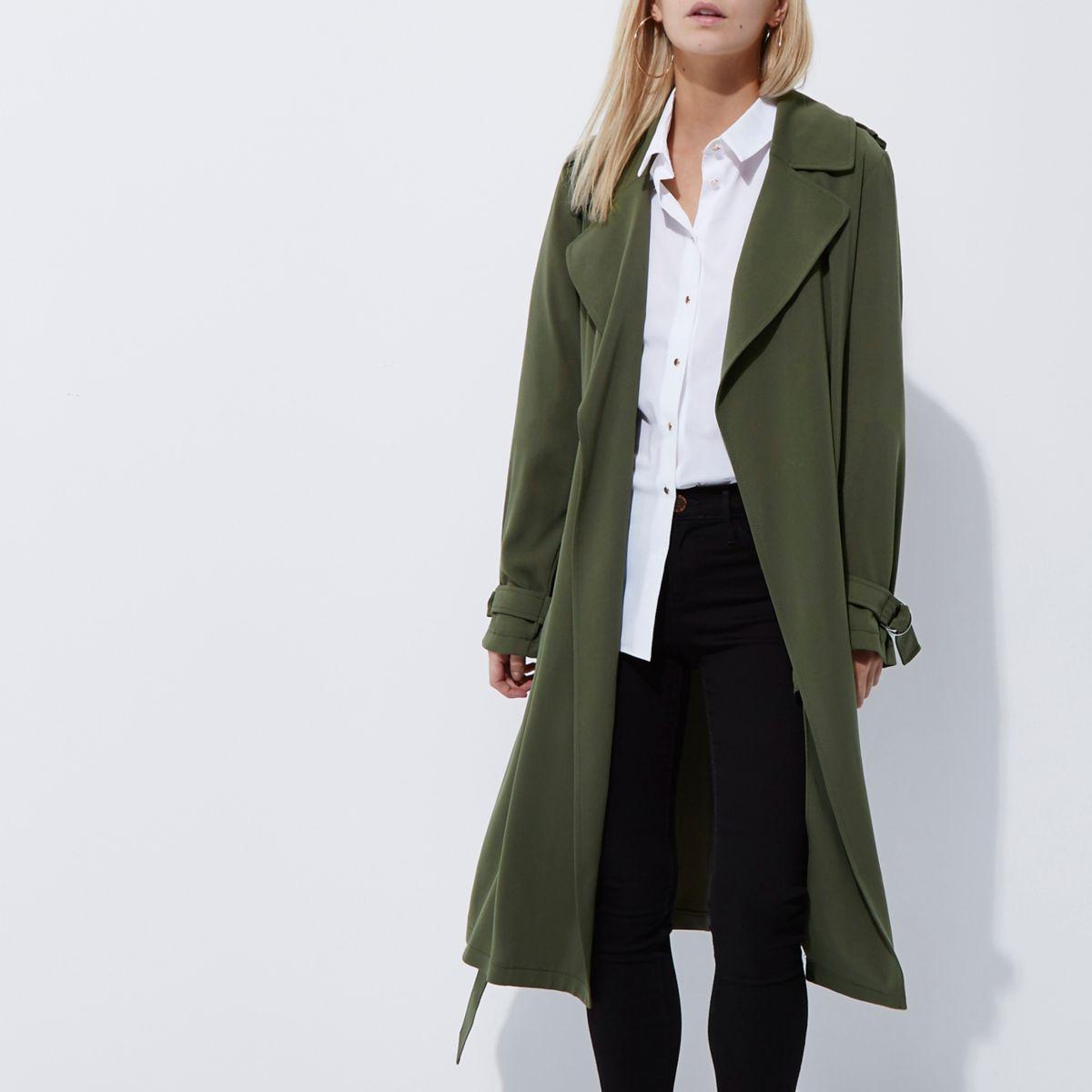 River Island Synthetic Petite Khaki Green Duster Trench Coat - Lyst