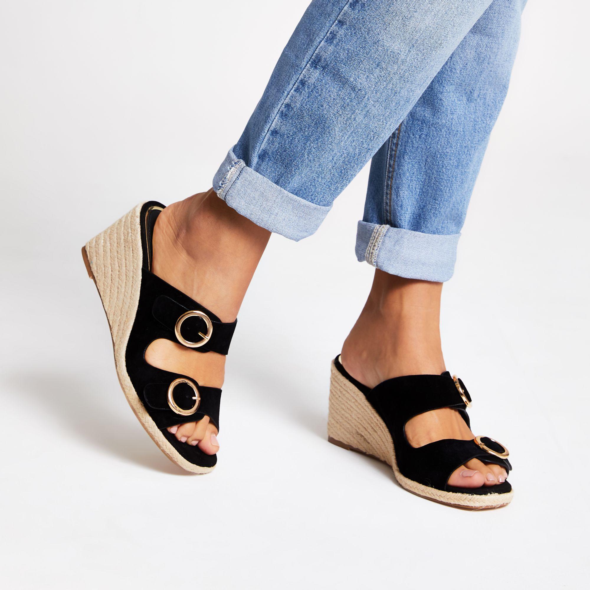 River Island Suede Buckle Square Toe Wedges in Black - Lyst