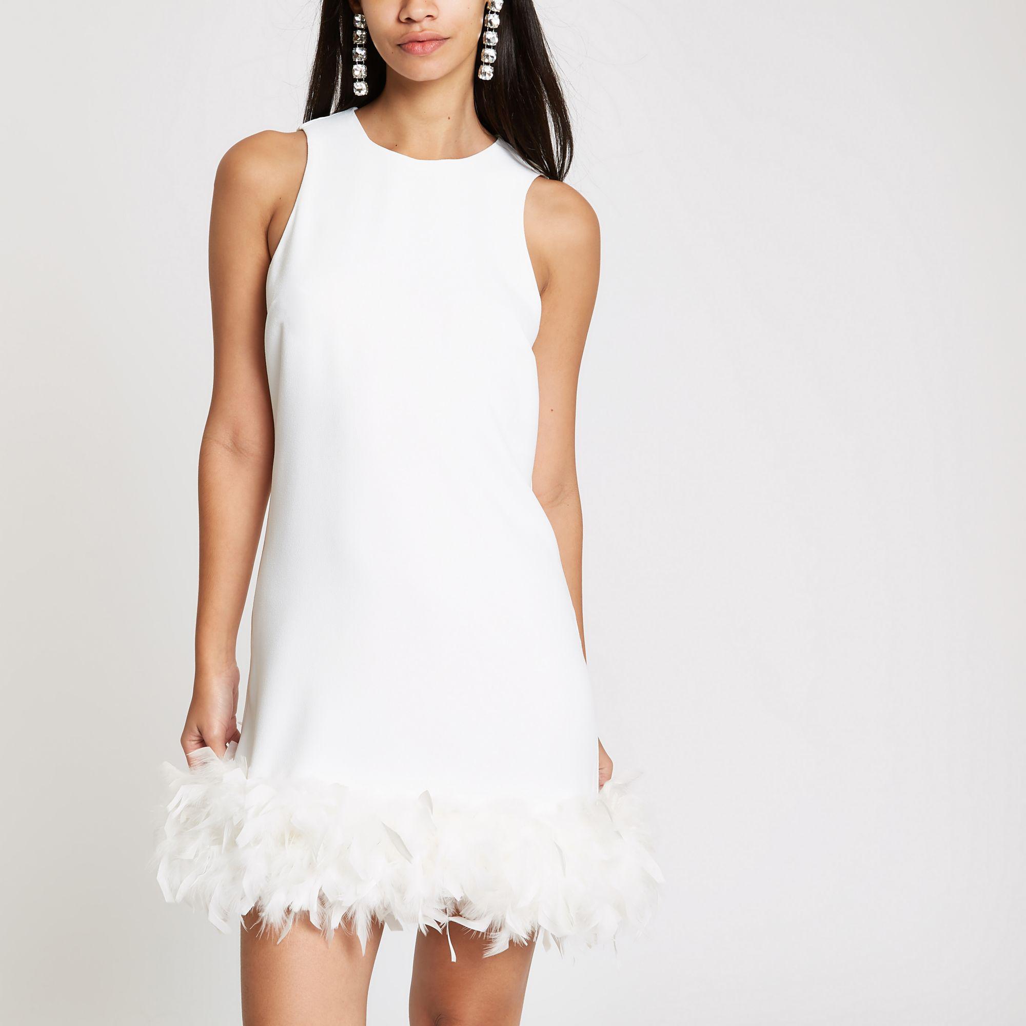 River Island Feather Trim Swing Dress in White | Lyst Australia