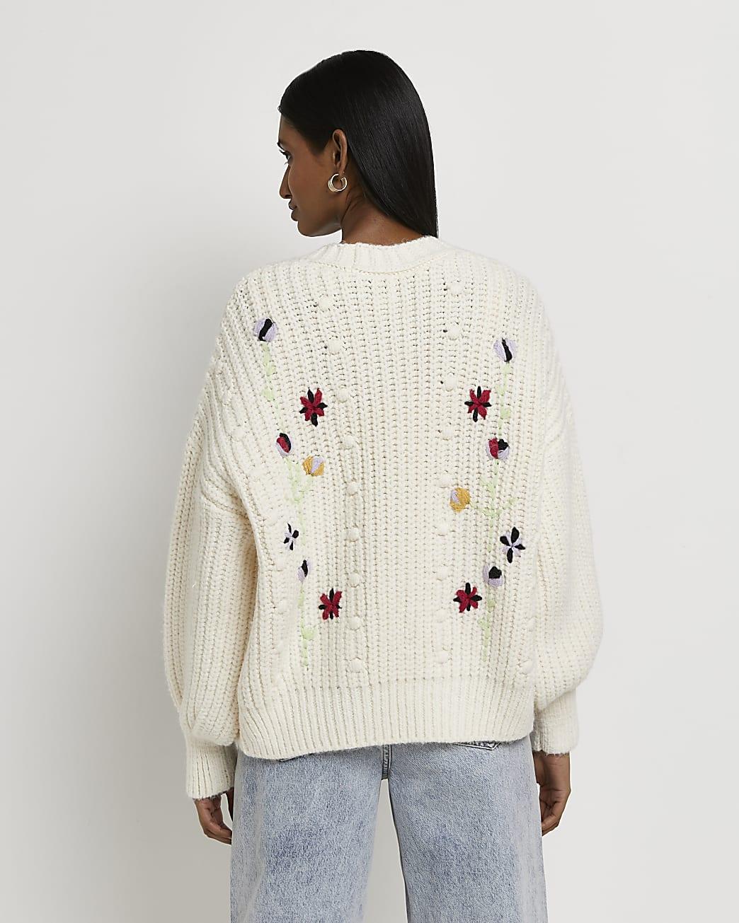 River Island Cream Embroidered Chunky Knit Cardigan in Natural | Lyst