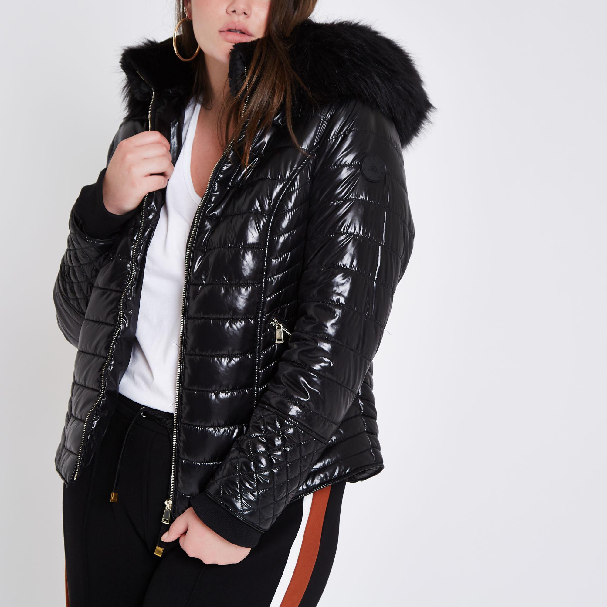 River Island Plus Faux Fur High Shine Puffer Jacket In Black