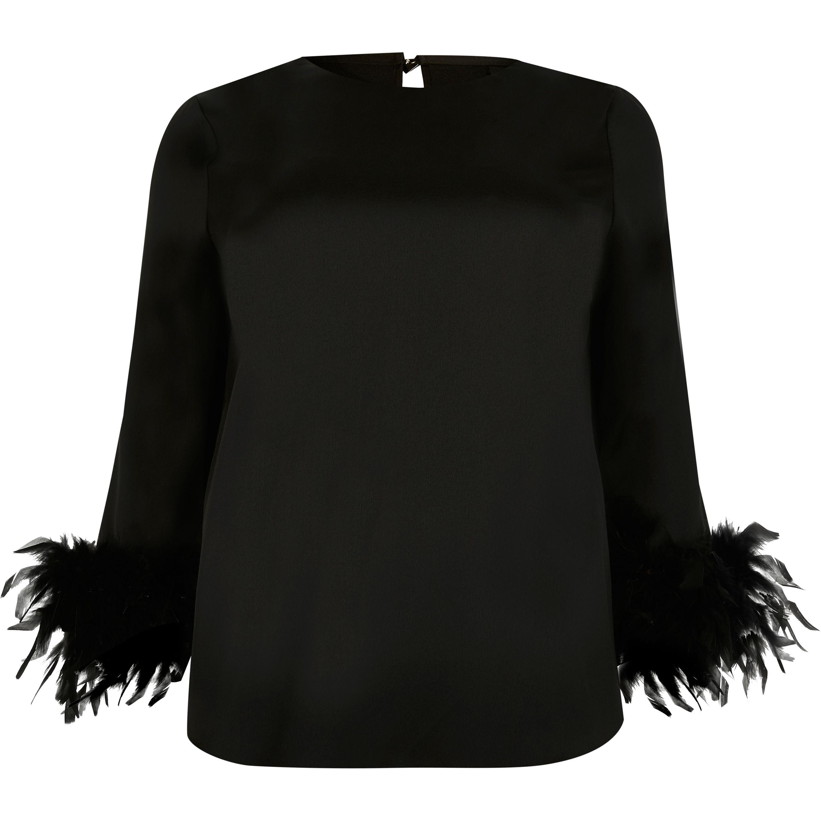 River Island Plus Black Long Sleeve Feather Cuff Top | Lyst UK