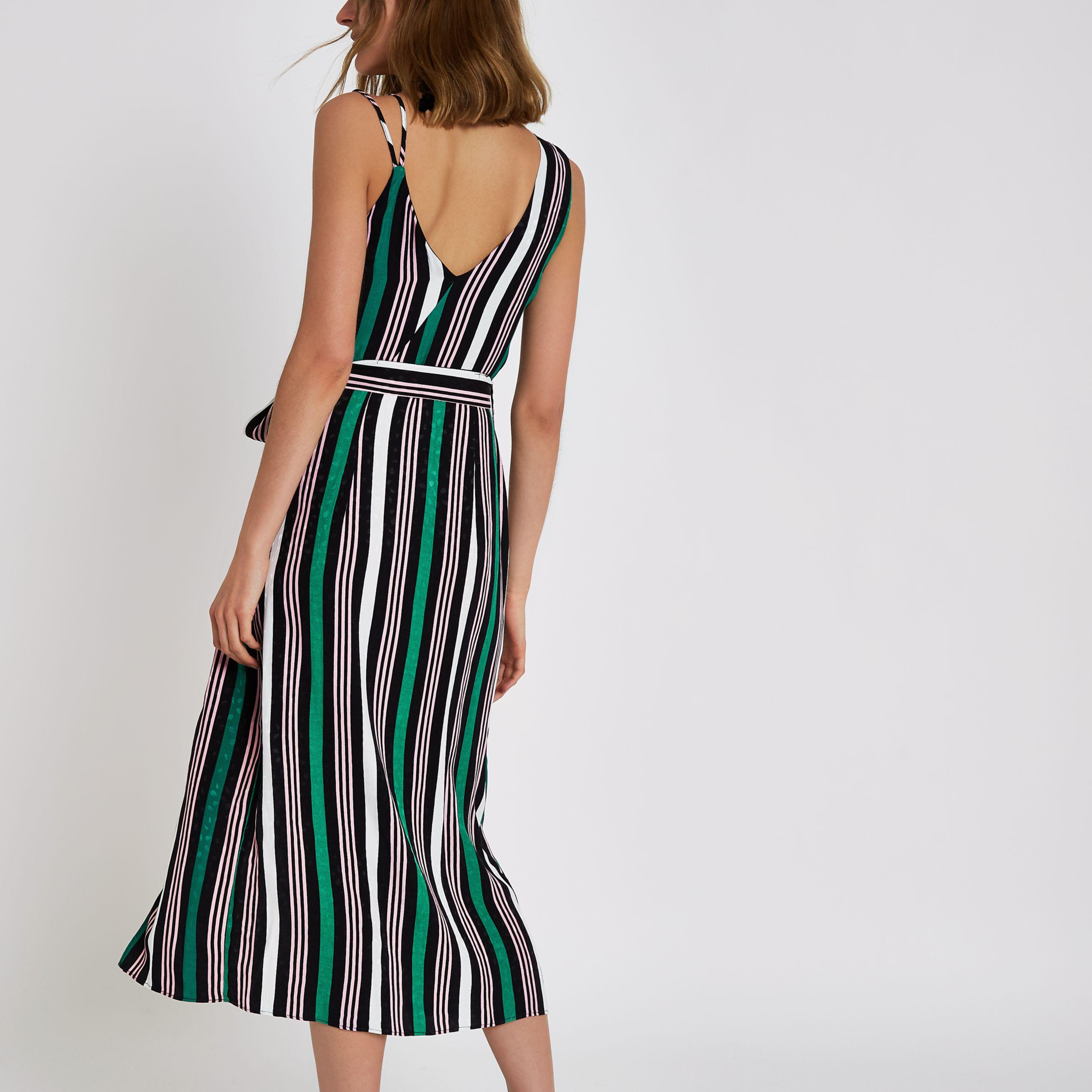 Green Stripe Tie Waist Midi Dress | Lyst