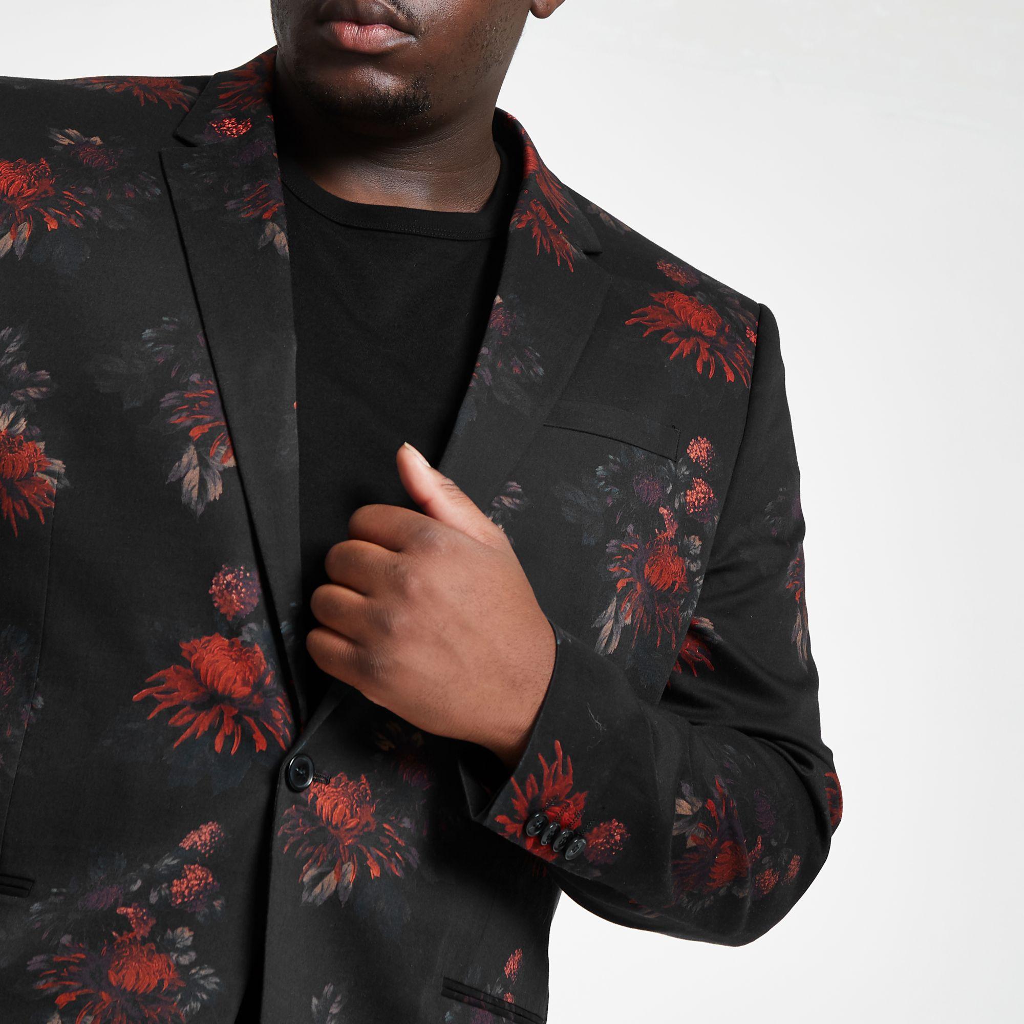 River Island Big And Tall Black Floral Suit Jacket for Men