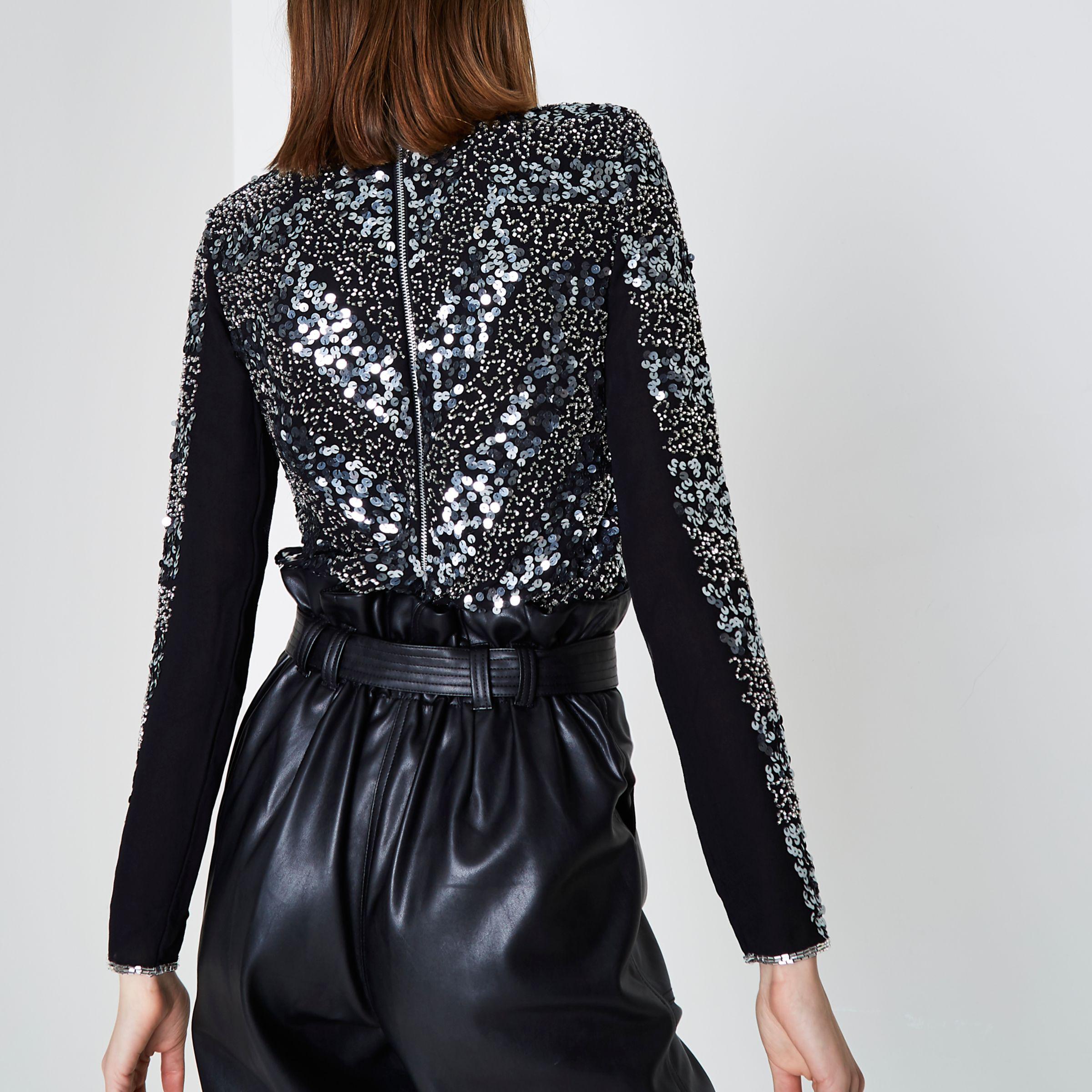 River Island Synthetic Black Sequin Embellished Long Sleeve Top - Lyst