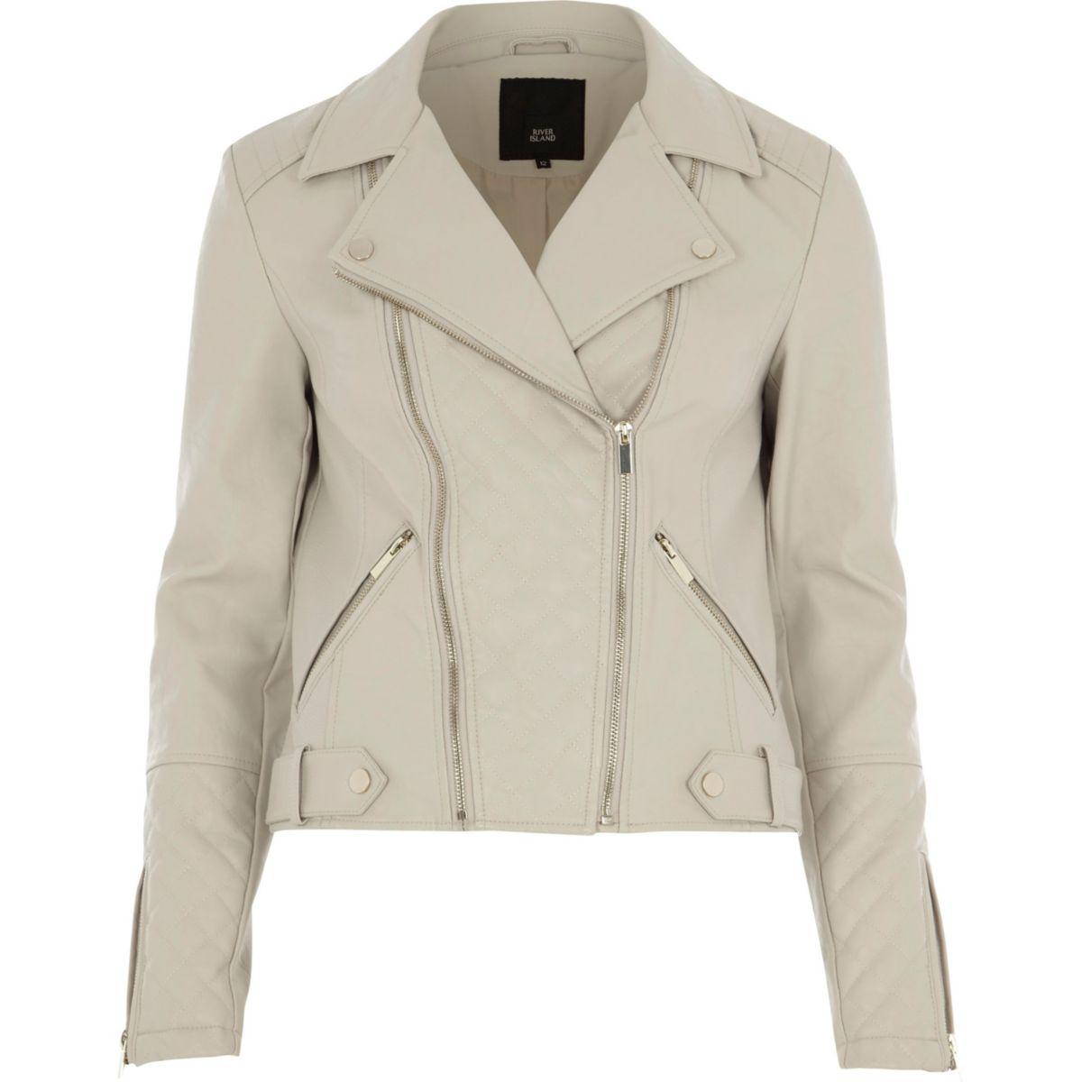 River Island Cream Quilted Faux Leather Biker Jacket Cream Quilted Faux ...