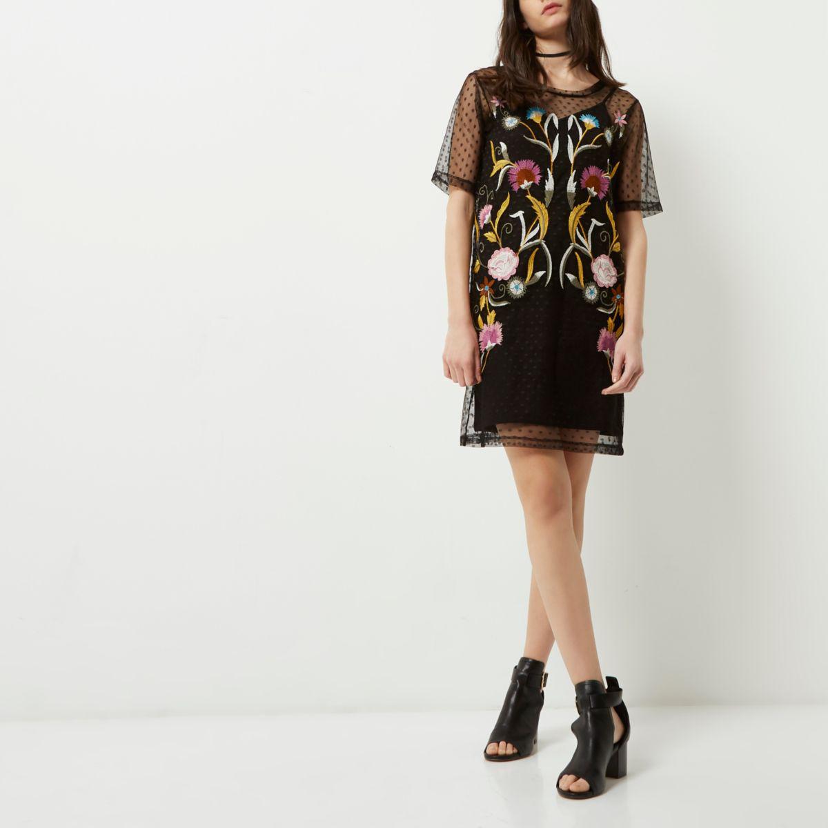 River Island Synthetic Black Embroidered Mesh T-shirt Dress | Lyst