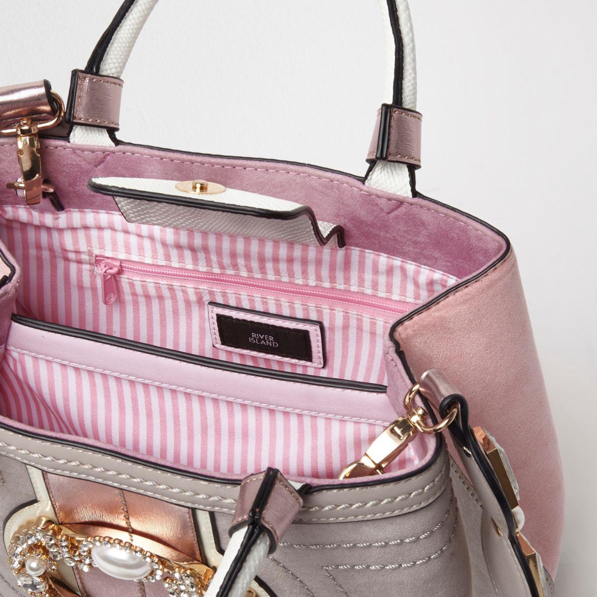 River Island Pink Jewel Embellished Strap Mini Tote Bag Pink Jewel