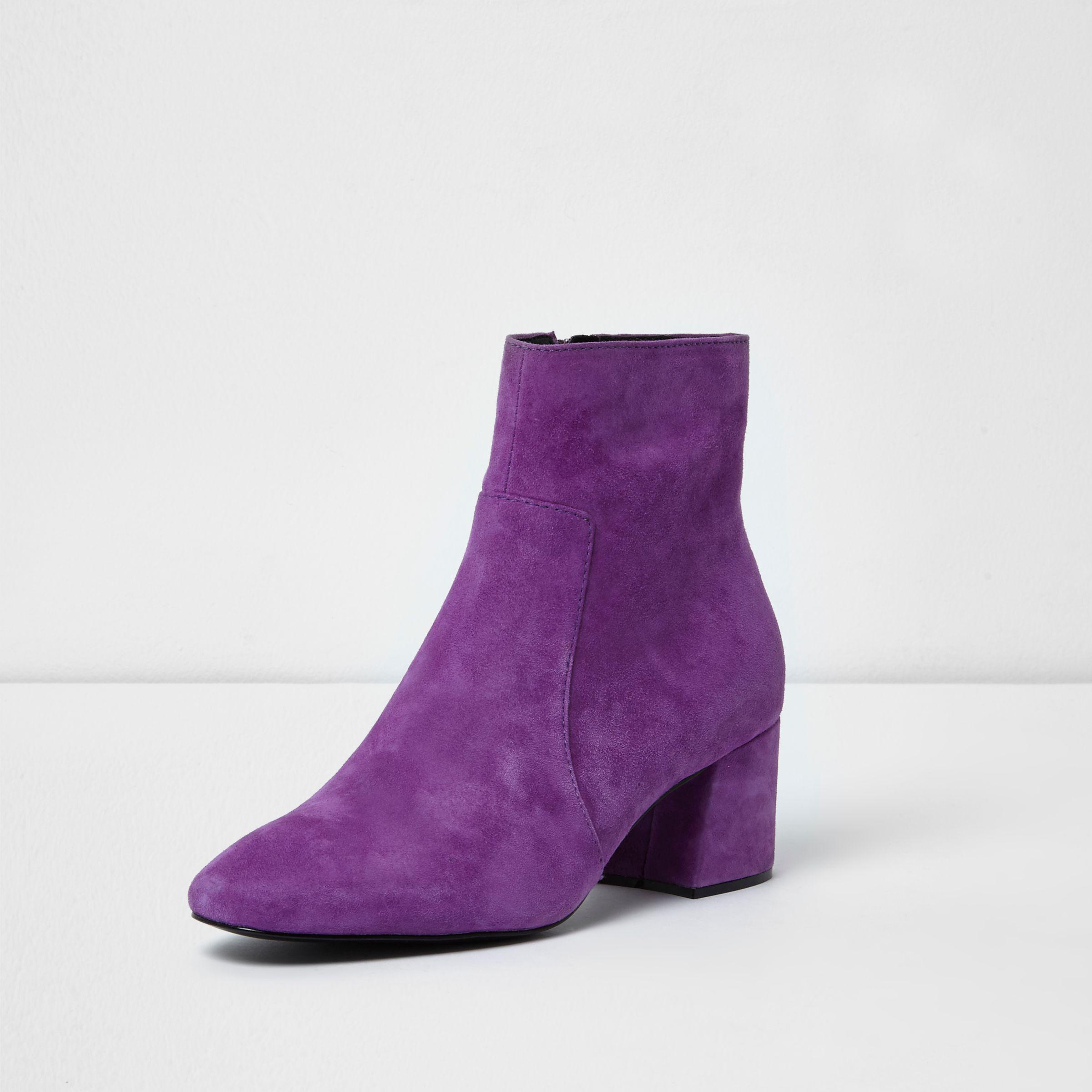 River Island Purple Block Heel Suede Ankle Boots | Lyst