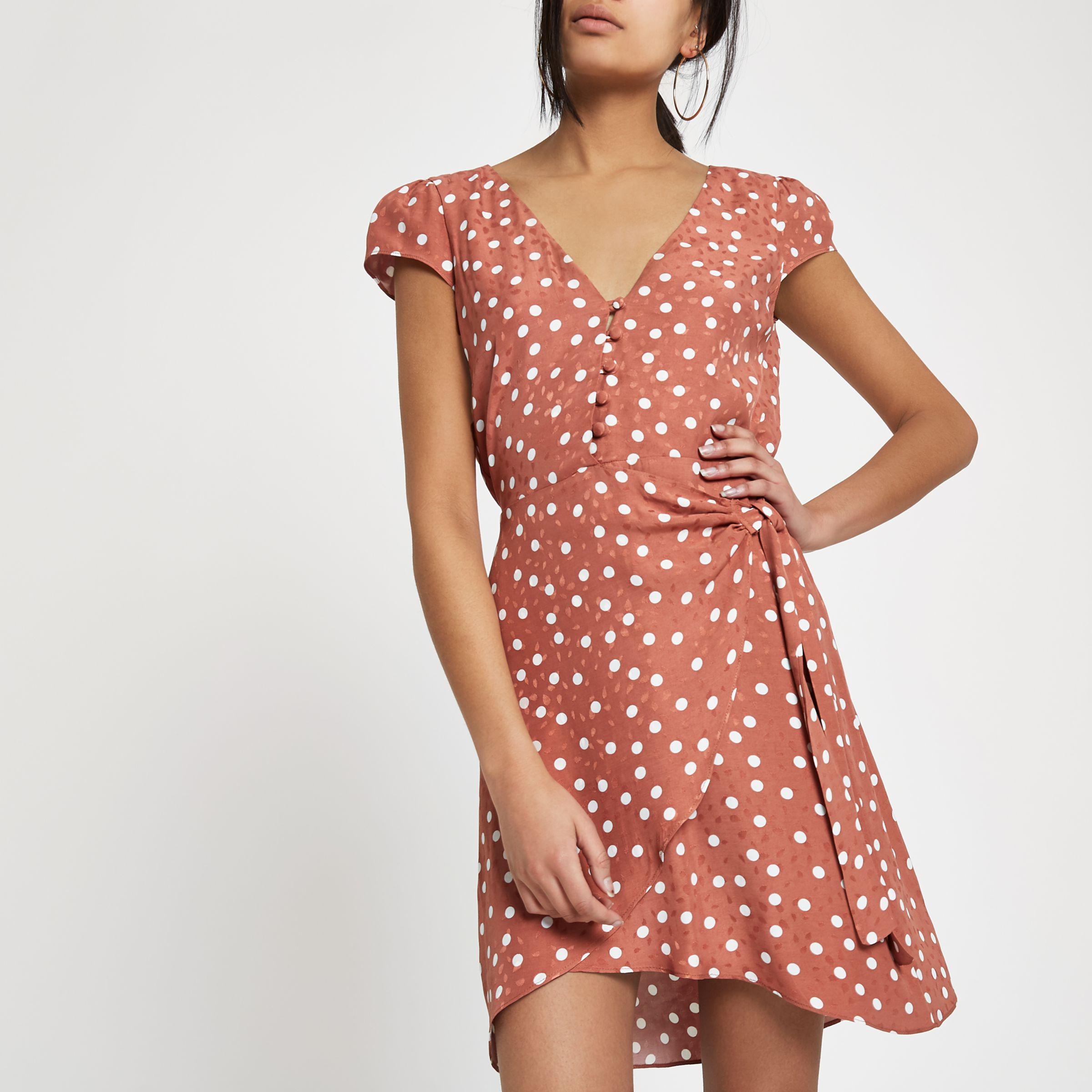 River Island Synthetic Polka Dot Cap Sleeve Wrap Dress in Brown | Lyst  Canada