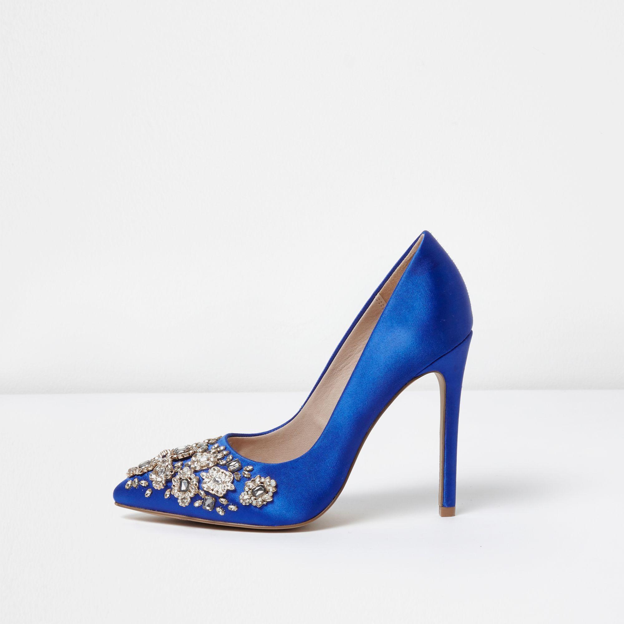 High Embellished Heel Satin Court Shoes in Blue | Heels, Embellished heels,  Court shoes
