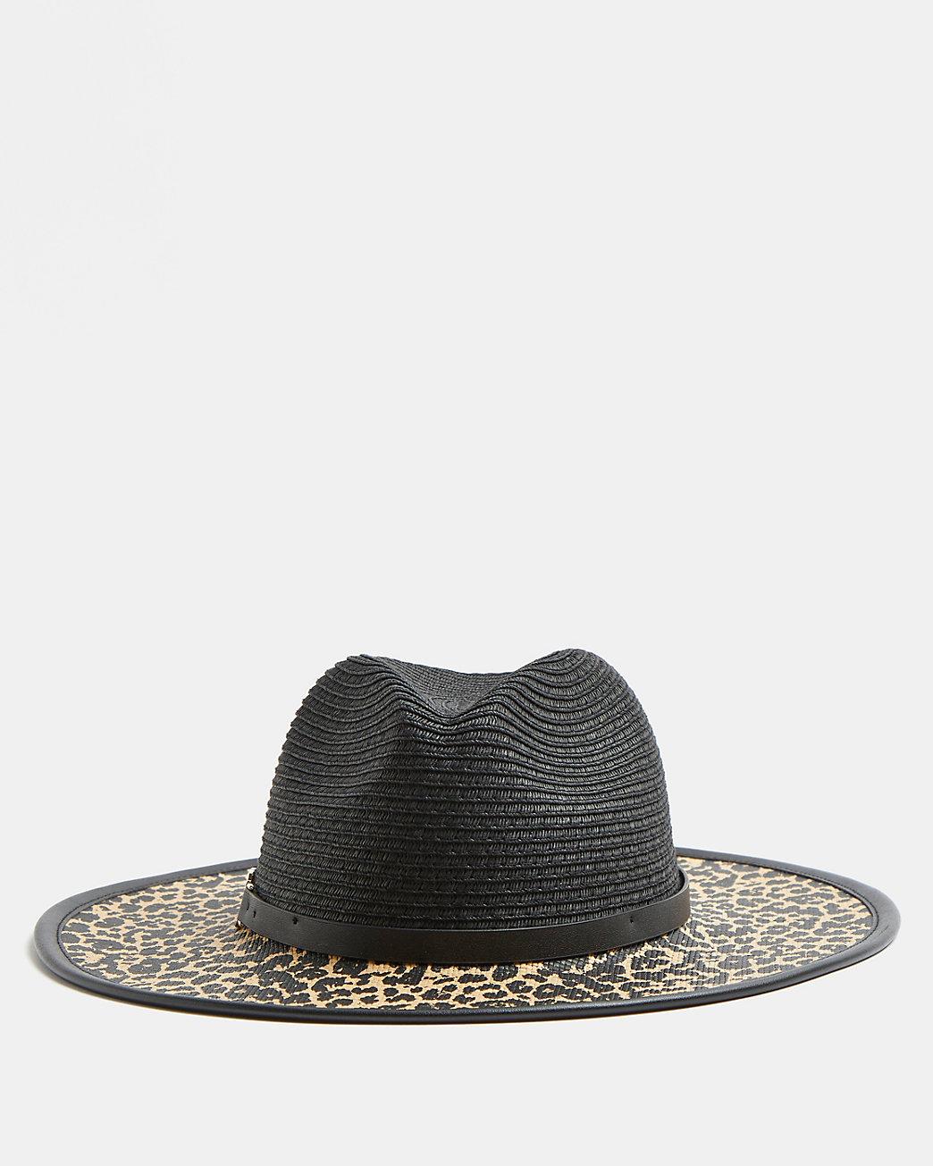 Black Leopard Print Straw Fedora Hat | Lyst