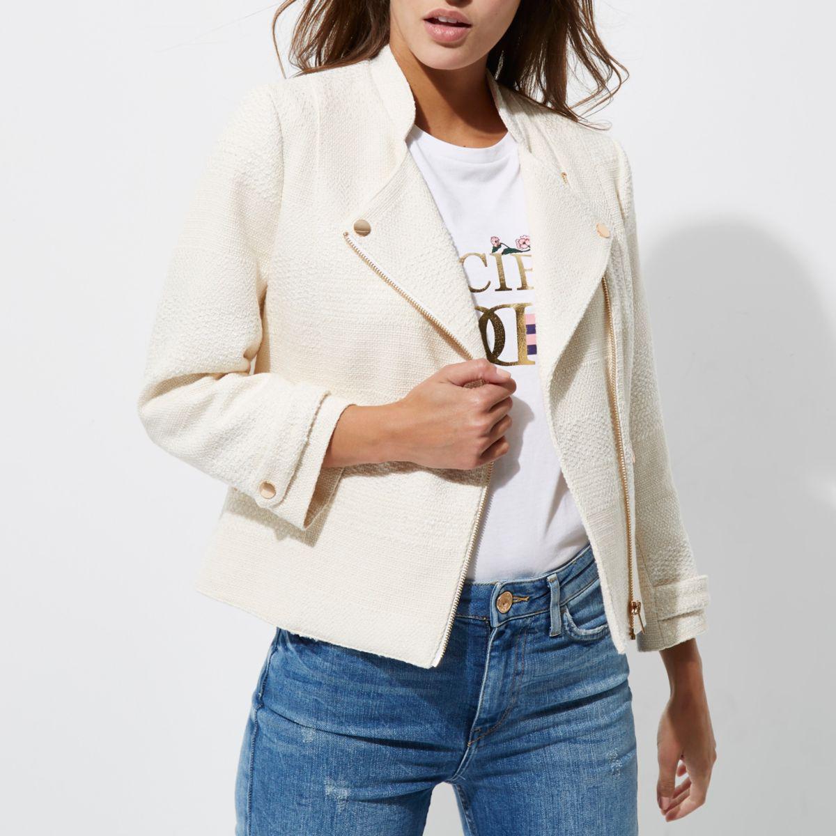 Lyst River Island Cream Boucle Biker Jacket in Natural