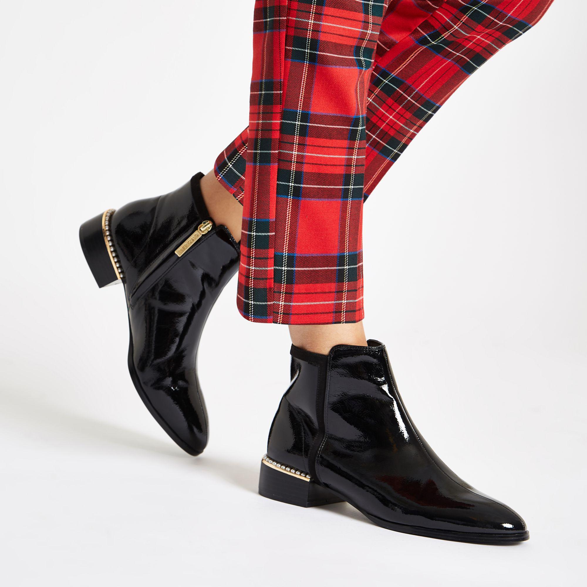 River Island Black Patent Leather Pearl Trim Ankle Boots | Lyst