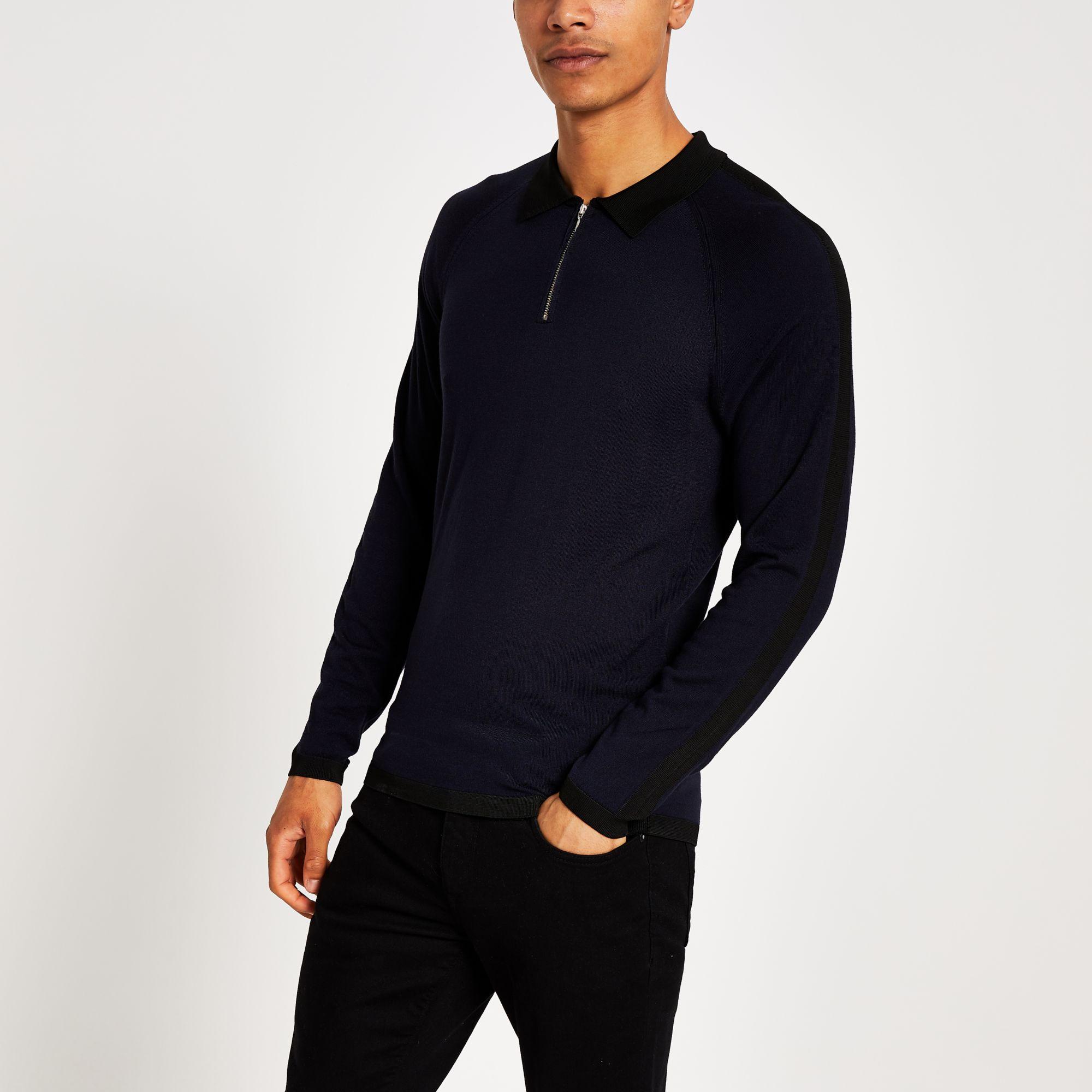 River Island Synthetic Long Sleeve Slim Fit Knitted Polo Shirt in Navy
